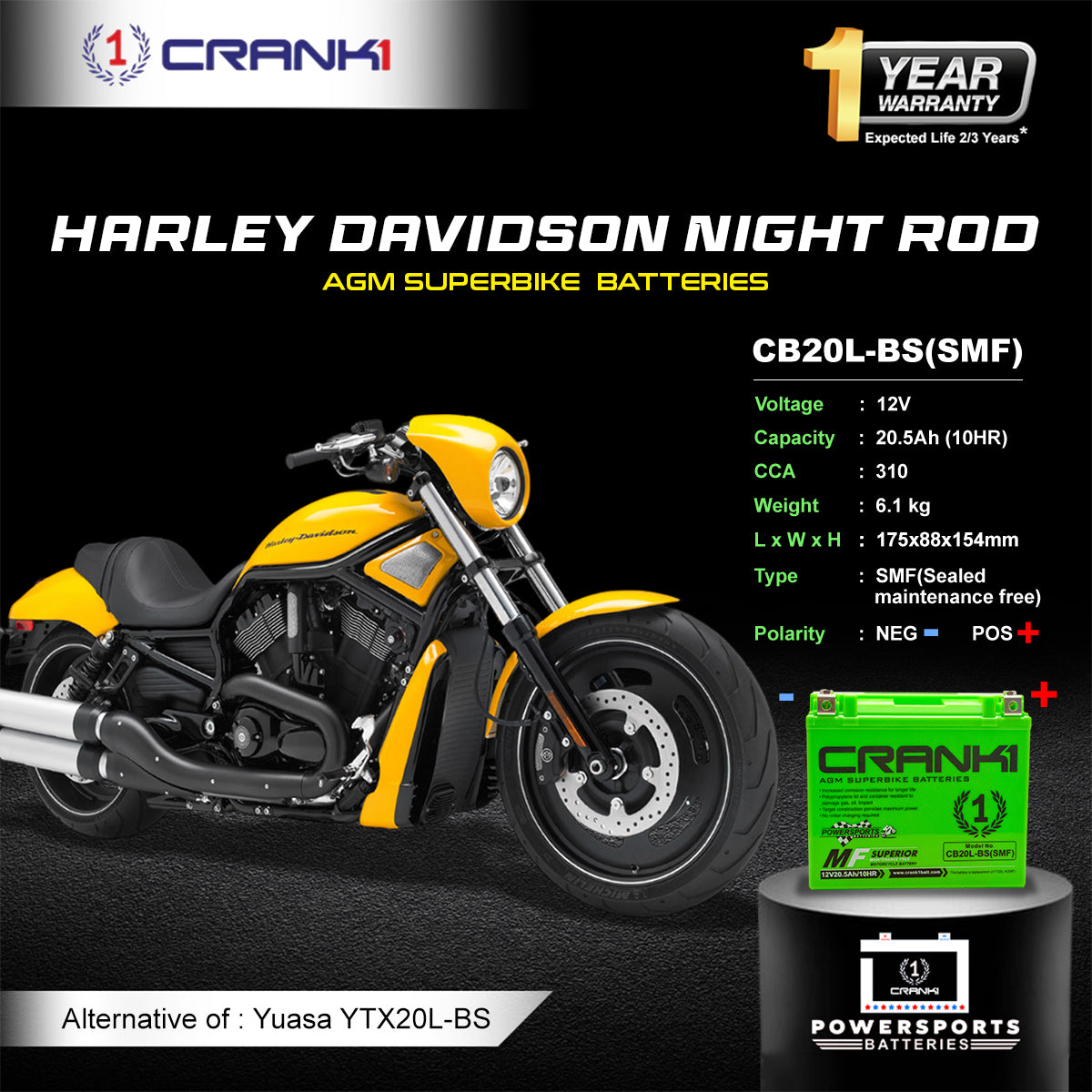 Battery For Harley Davidson Night Rod (2012-2015) - CB20L-BS - Factory Activated