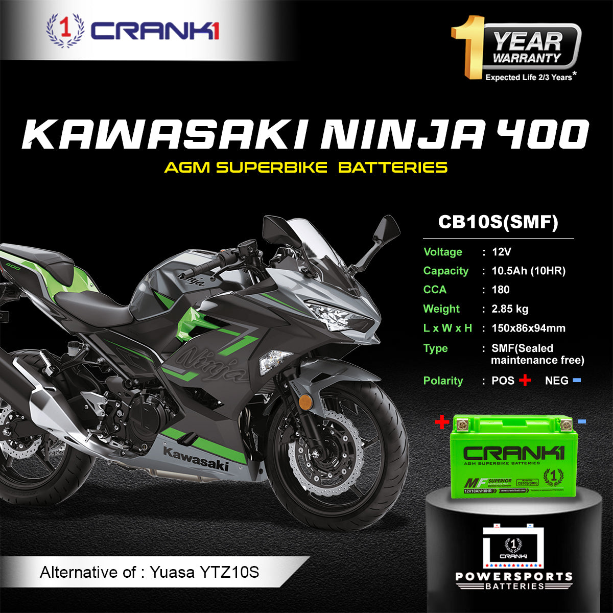 Battery For Kawasaki  Ninja 400 (2018 Onwards) - CB10S - Factory Activated  | 1 Year Warranty | Zero Maintenance | OEM Fitment | High CCA
