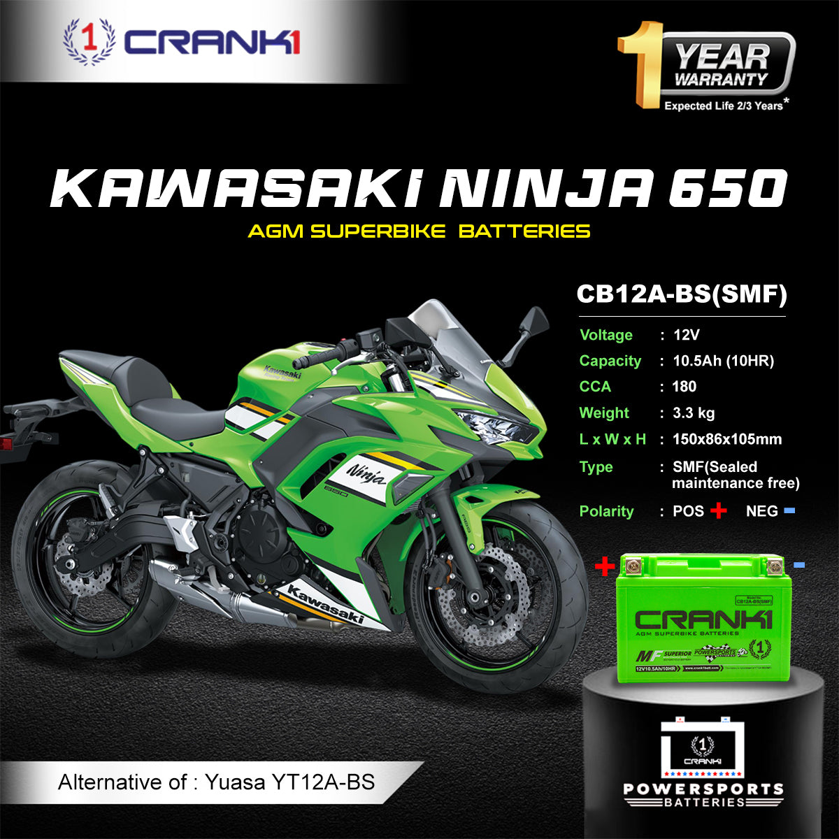 Battery For Kawasaki Ninja 650 (2012-2025) - CB12A-BS - Factory Activated