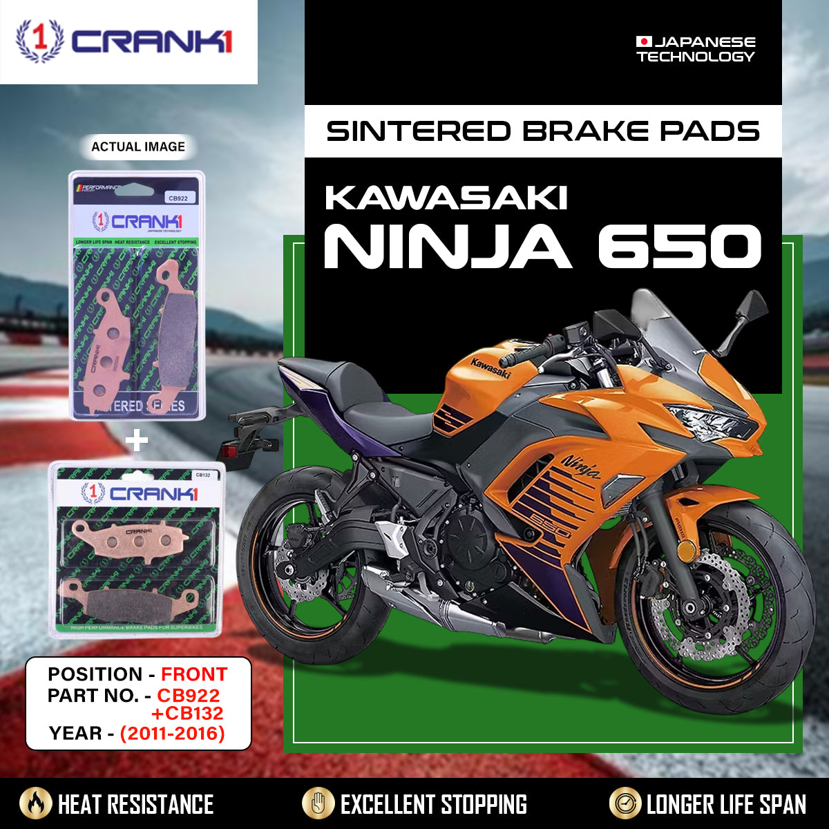 Sintered Brake Pads For Kawasaki Ninja 650 (2011-2016) - Front - CB922 + CB132 - 2 Sets