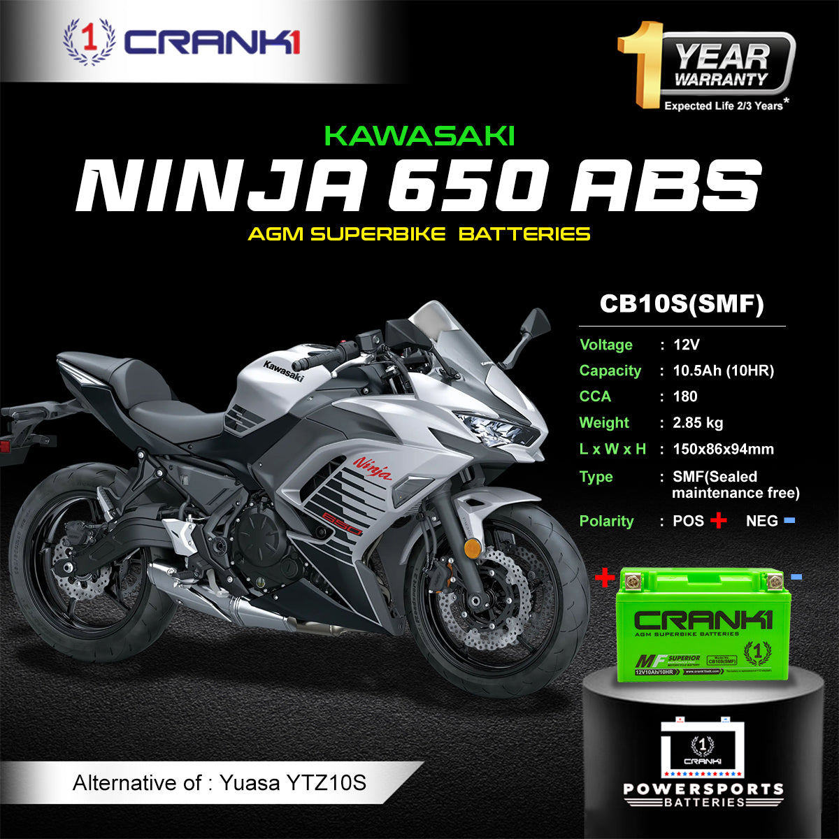 Battery For Kawasaki Ninja 650 ABS (2017-2025) - CB10S - Factory Activated