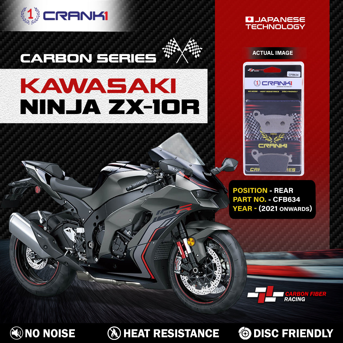 Carbon Brake Pads For Kawasaki ZX-10R (2021 Onwards) - Rear - CFB634