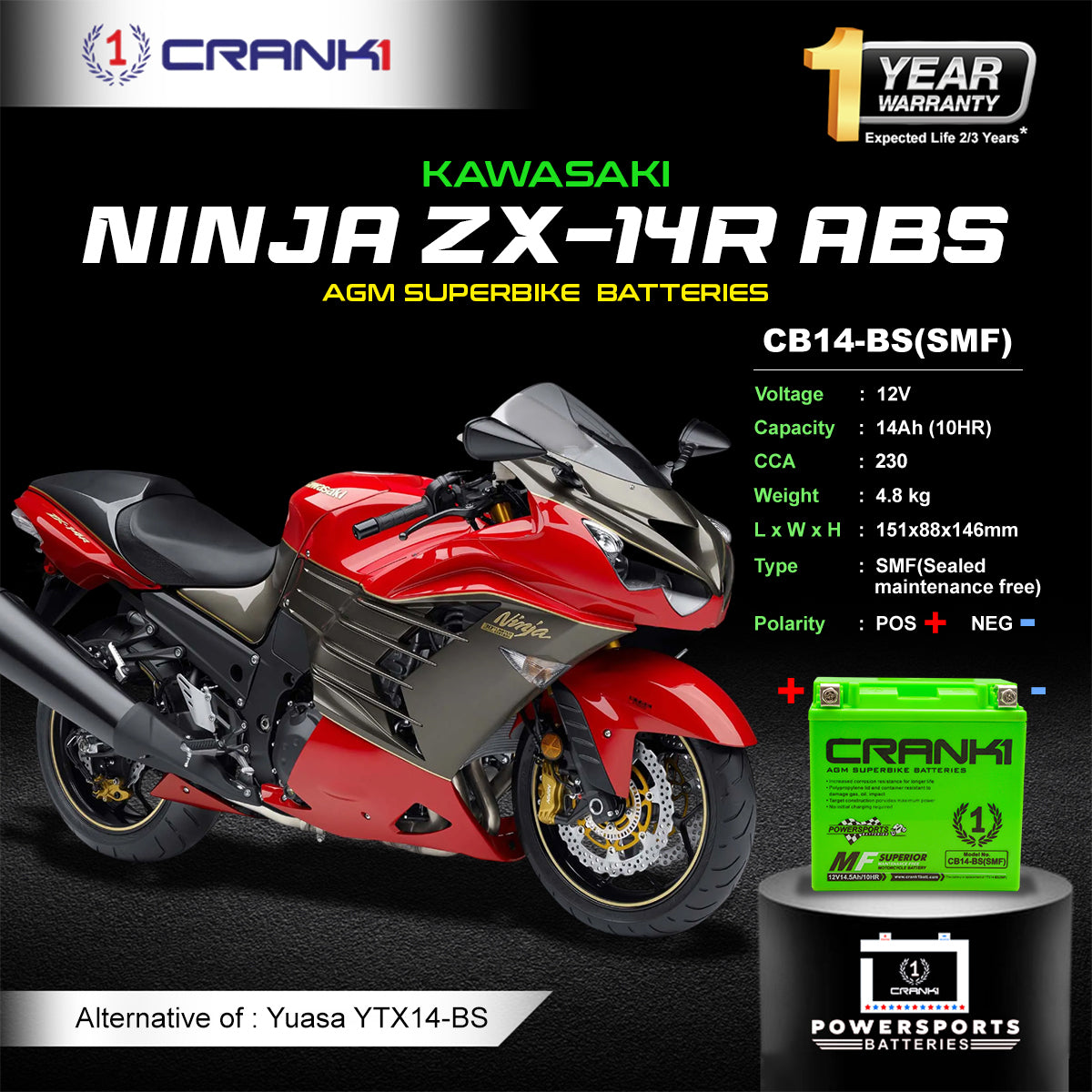 Battery For Kawasaki Ninja ZX-14R ABS (2006-2022) - CB14-BS - Factory