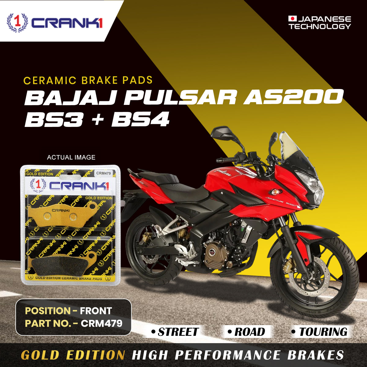 Ceramic Brake Pads For Bajaj  Pulsar AS200 BS3 + BS4 - Front - CRM479 - 1 Set