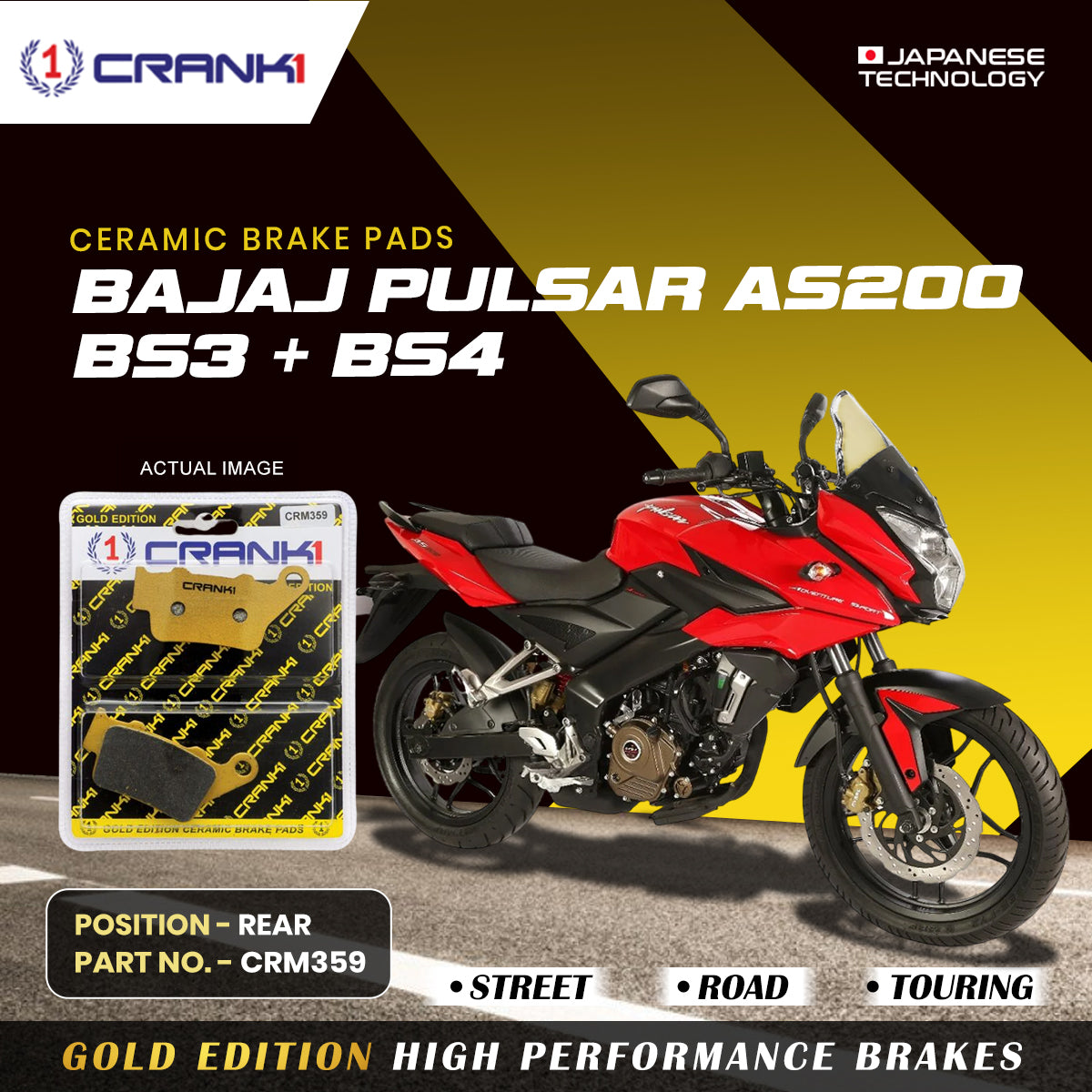 Ceramic Brake Pads For Bajaj Pulsar AS200 BS3 + BS4 - Rear - CRM359 - 1 Set