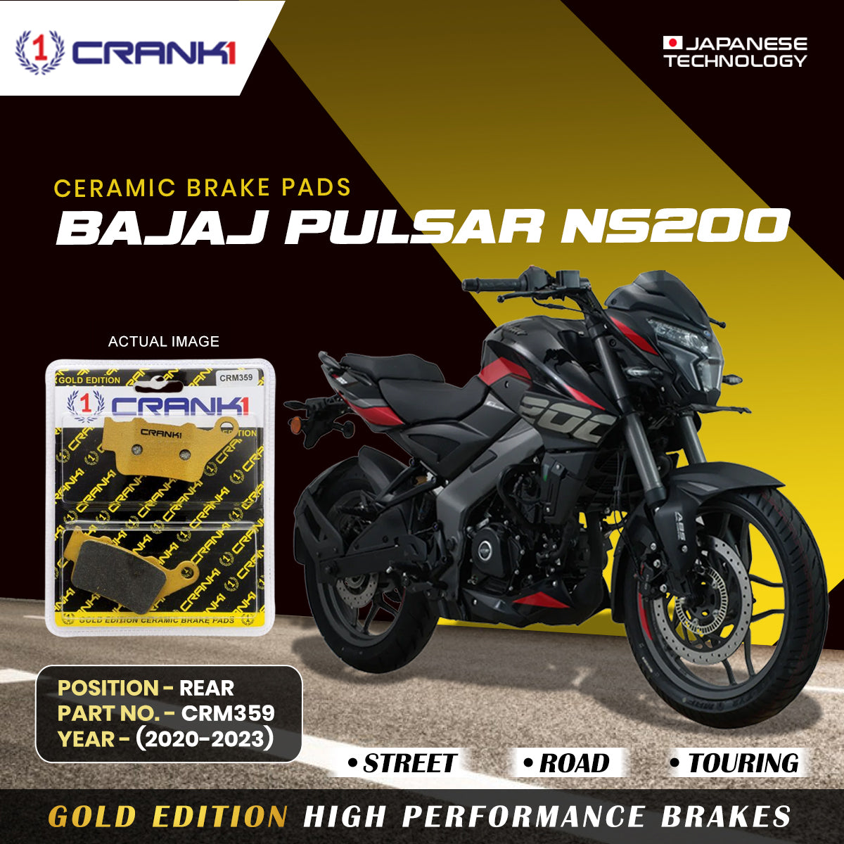 Ceramic Brake Pads For Bajaj Pulsar NS200 (2020-2023) - Rear - CRM359 - 1 Set