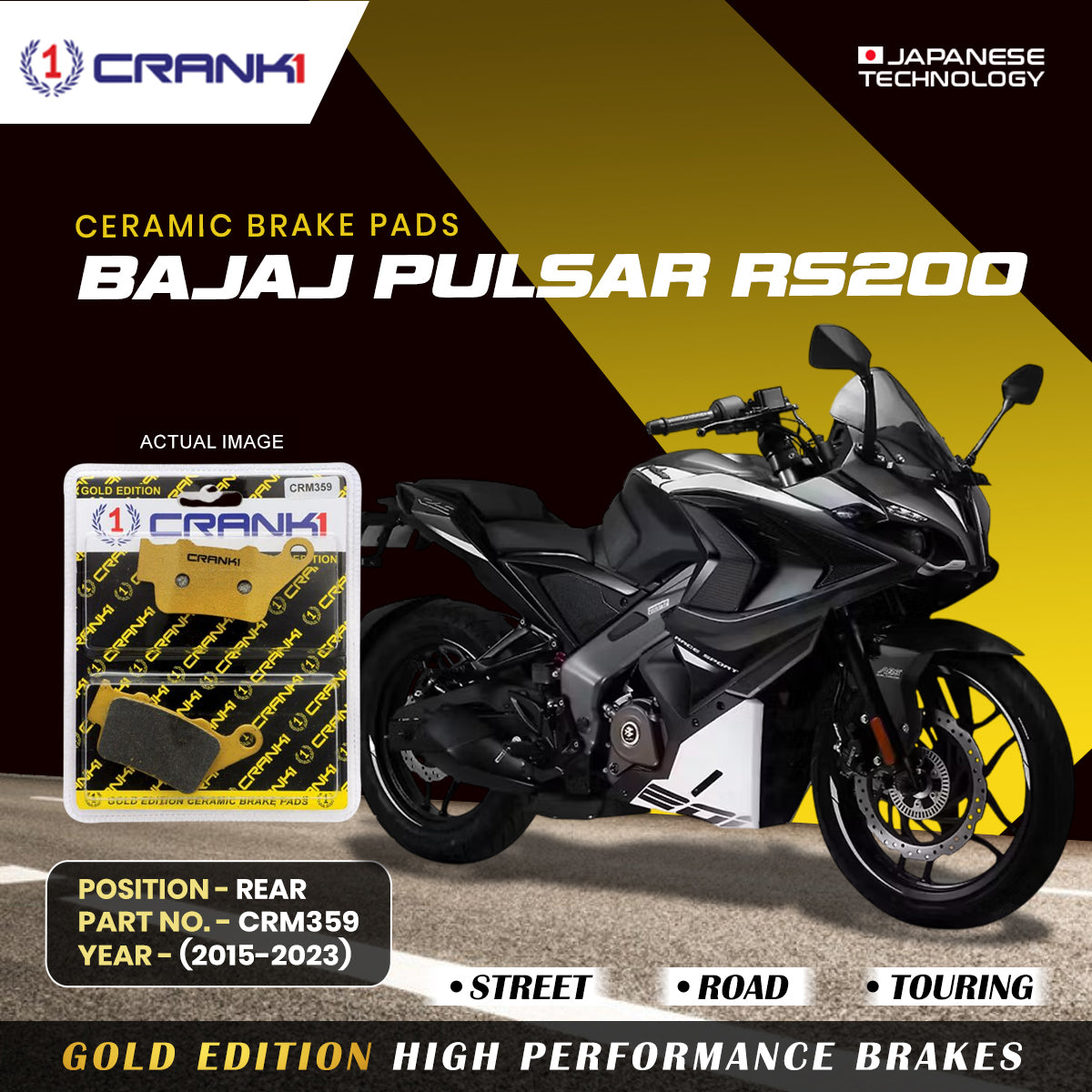 Ceramic Brake Pads For Bajaj Pulsar RS200 (2015-2023) - Rear - CRM359 - 1 Set