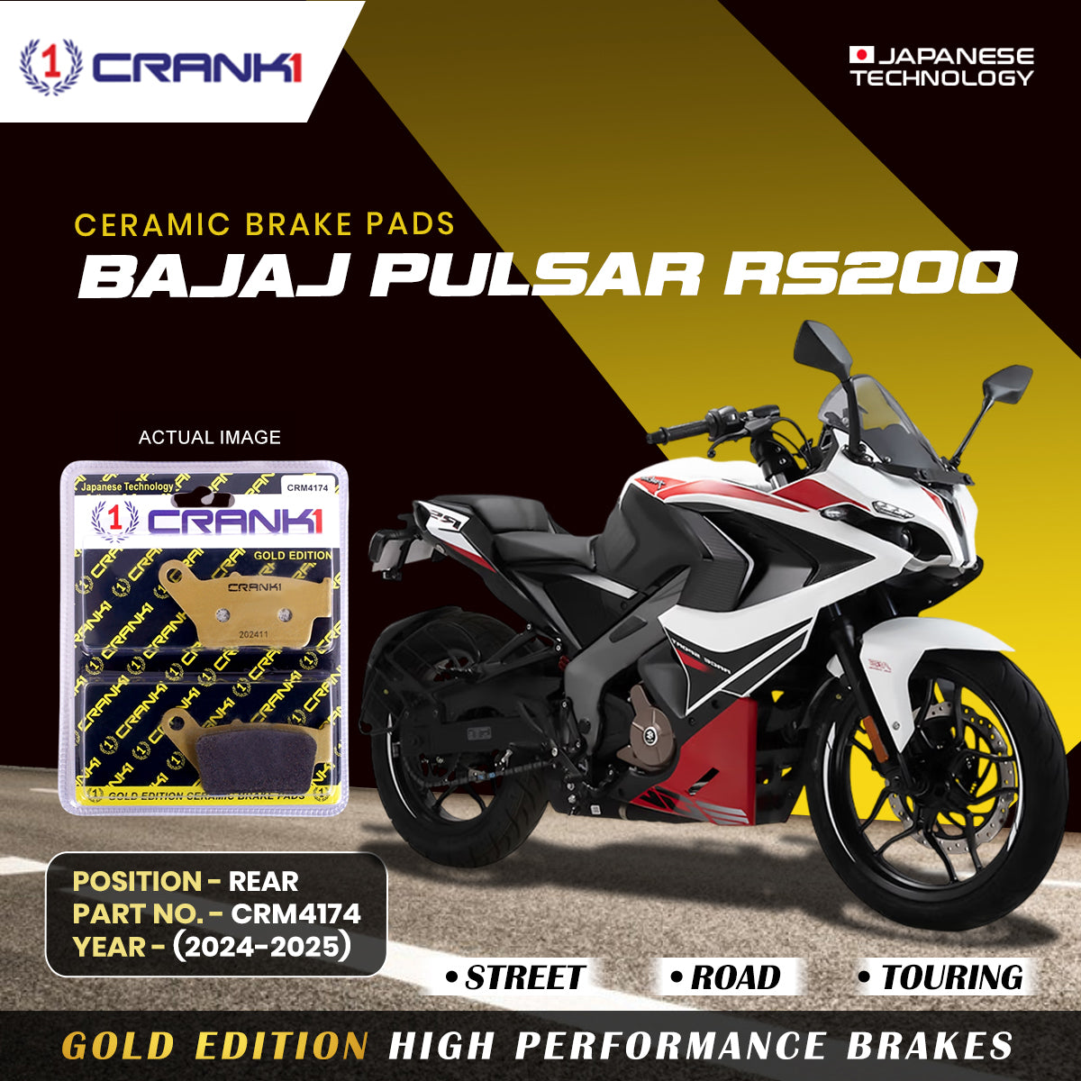 Ceramic Brake Pads For Bajaj Pulsar RS200 (2024-2025) - Rear - CRM4174 - 1 Set