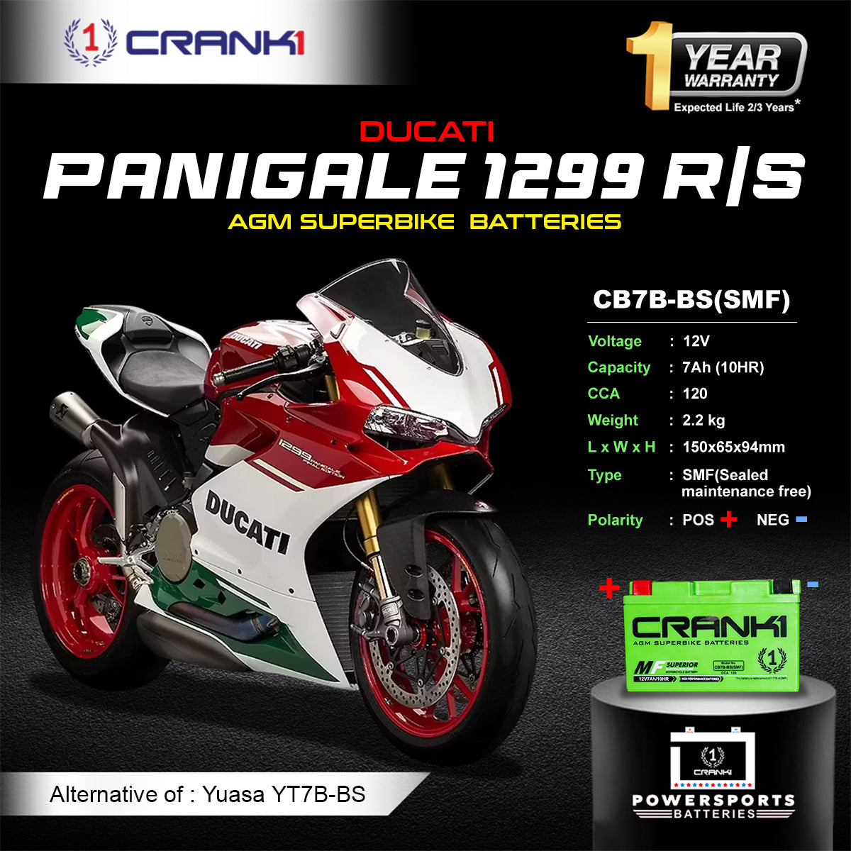 Battery For Ducati Panigale 1299 R/S (2015-2025) - CB7B-BS - Factory Activated
