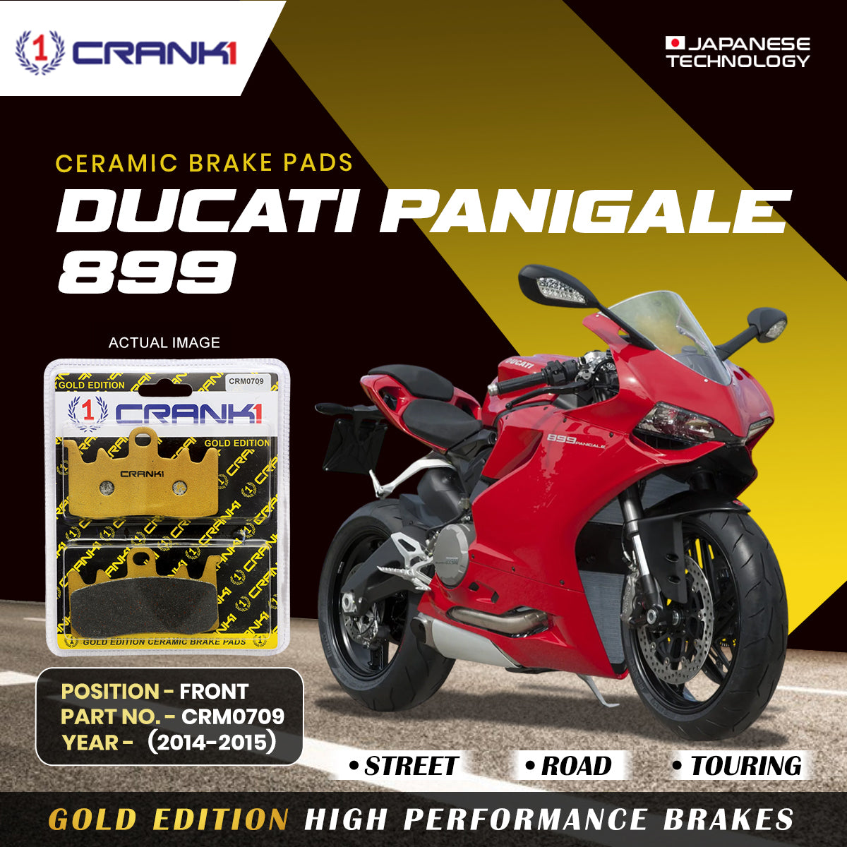 Ceramic Brake Pads For Ducati Panigale 899 (2014-2015) - Front - CRM0709 - 2 Sets | Smooth Braking | Heat Resistant | Long Life | Disc Friendly