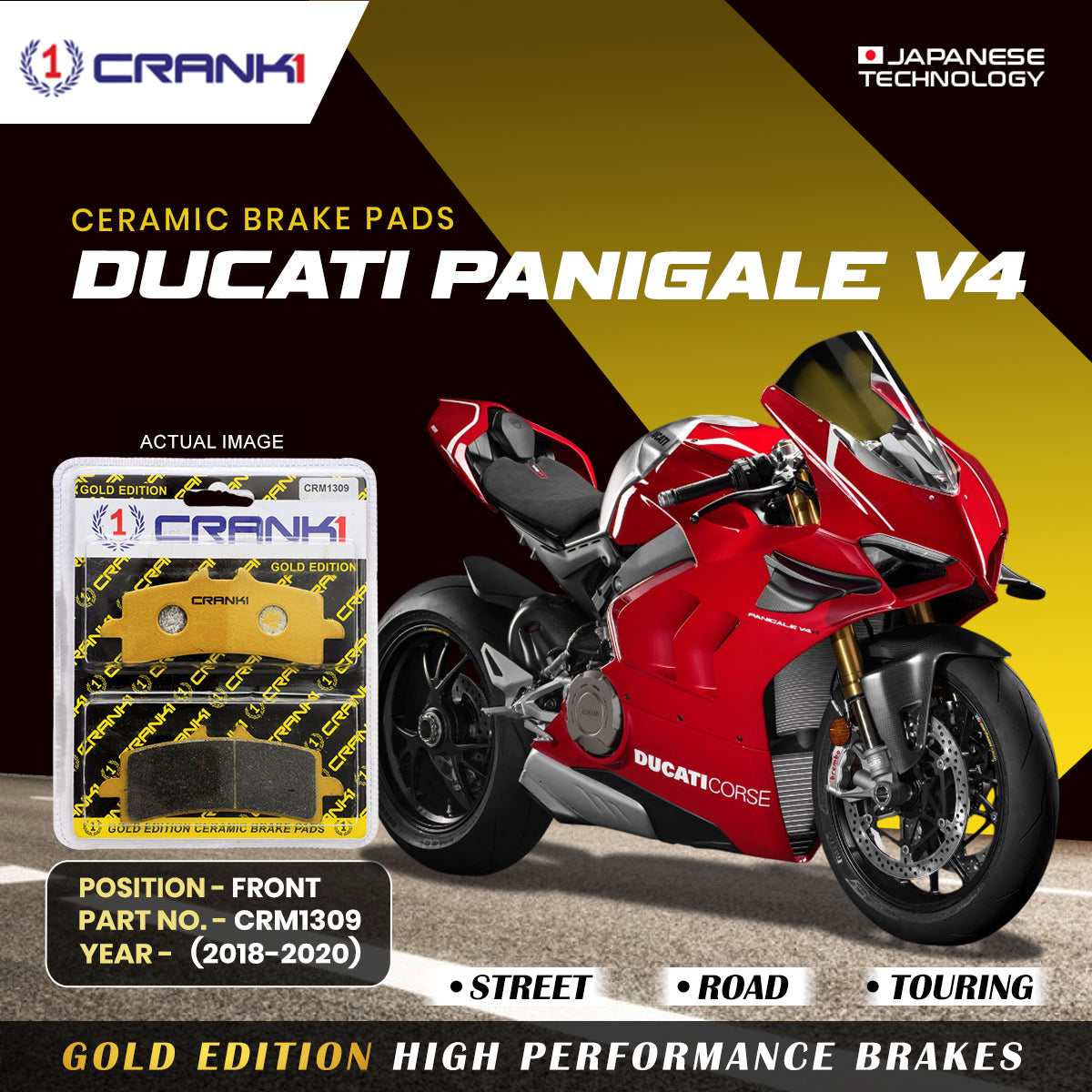 Ceramic Brake Pads For  Ducati Panigale V4 (2018-2020) - Front - CRM1309 - 2 Sets | Smooth Braking | Heat Resistant | Long Life | Disc Friendly