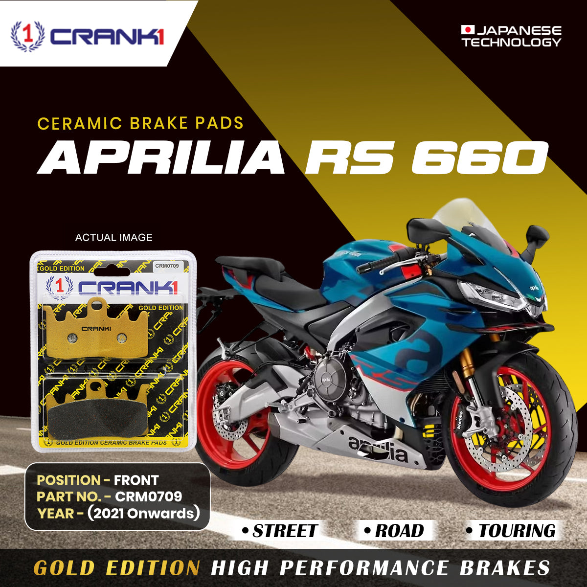 Ceramic Brake Pads For  Aprilia RS 660 (2021 Onwards) - Front - CRM0709 - 2 Sets | Smooth Braking | Heat Resistant | Long Life | Disc Friendly
