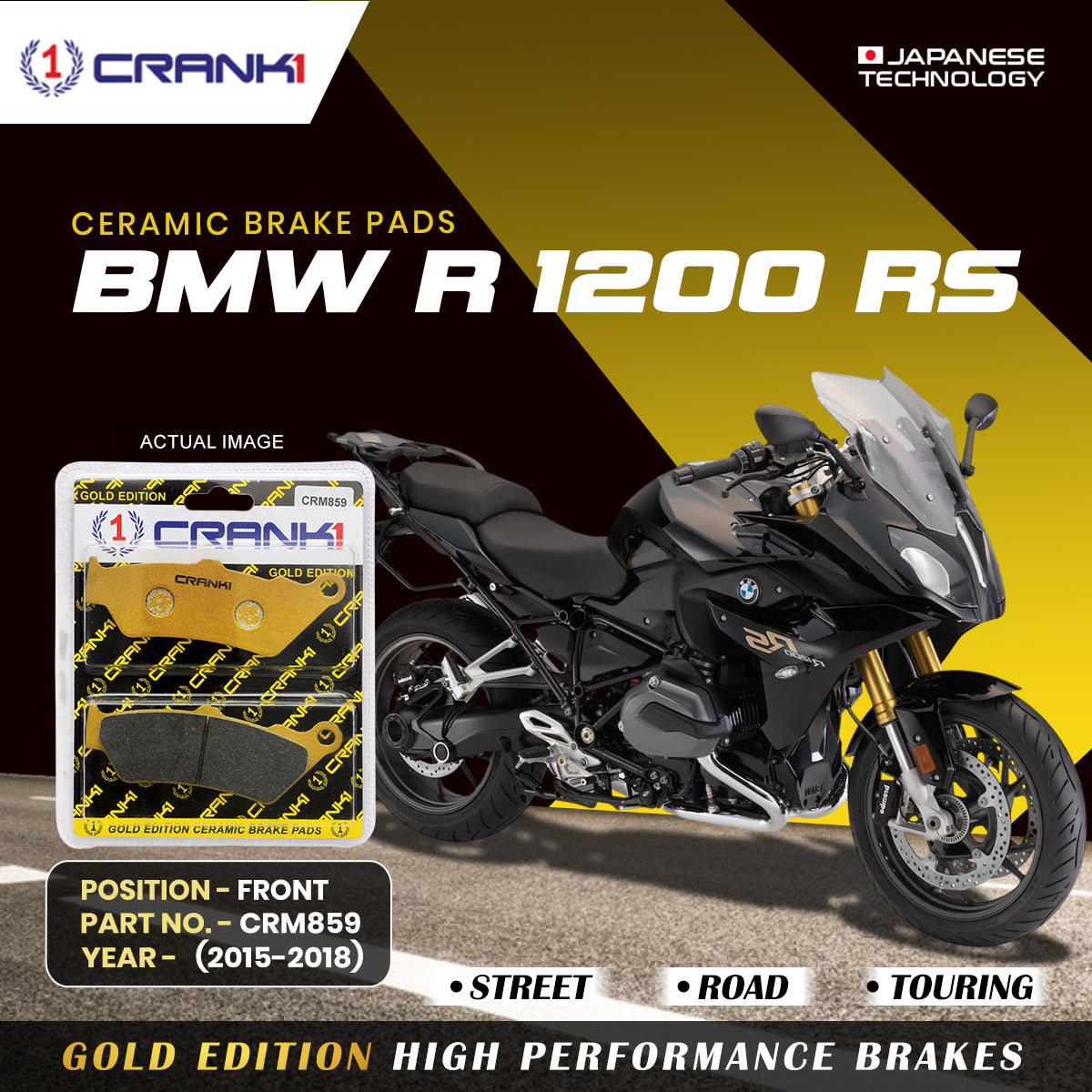 Ceramic Brake Pads For  BMW R 1200 RS	  (2015-2018) - Front - CRM859 - 2 Sets | Smooth Braking | Heat Resistant | Long Life | Disc Friendly