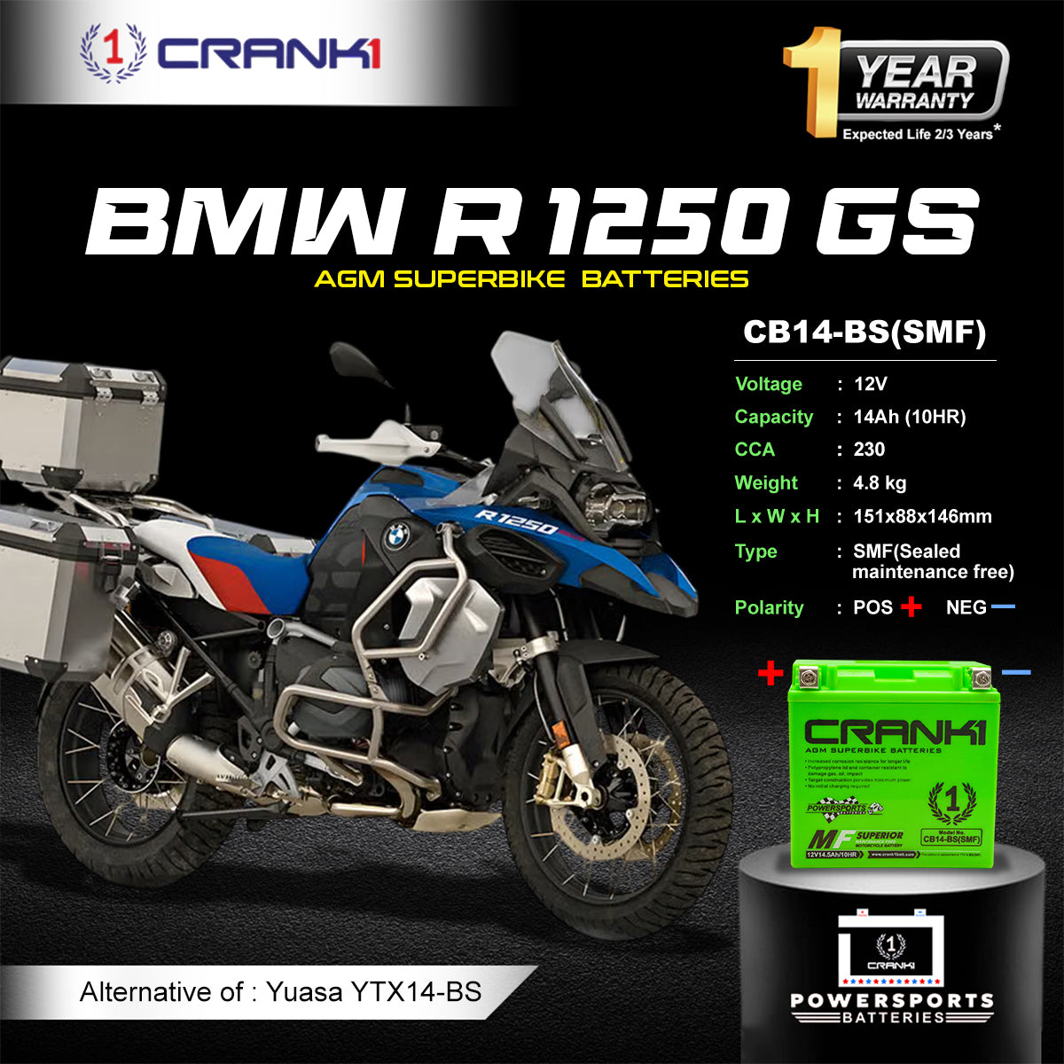 Battery For BMW R 1250 GS (2019-2023) - CB14-BS - Factory Activated