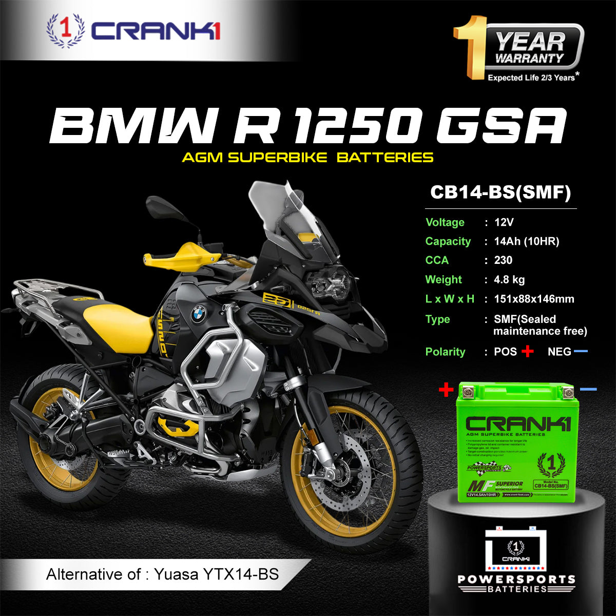 Battery For BMW R 1250 GSA - CB14-BS - Factory Activated