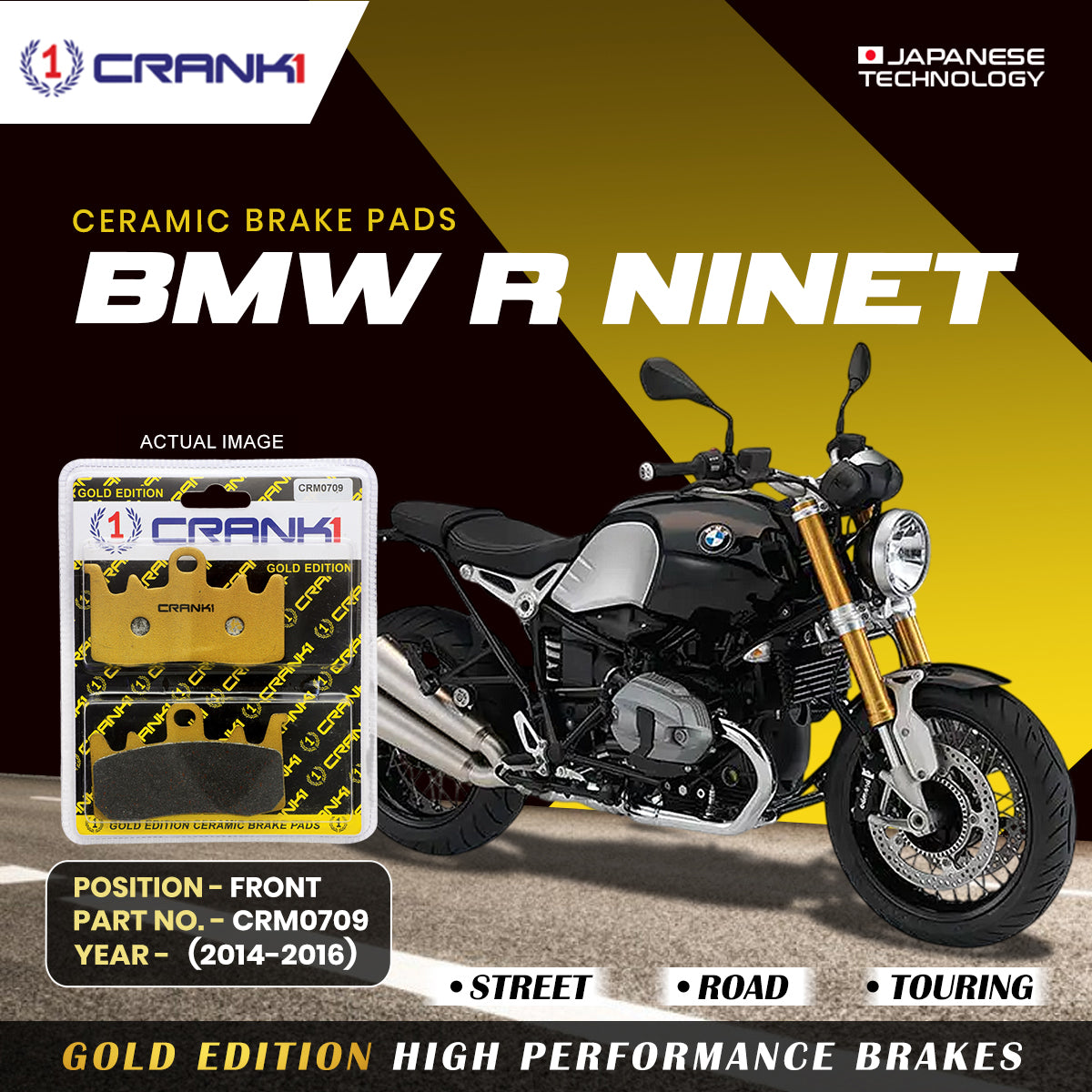 Ceramic Brake Pads For  BMW R nineT  (2014-2016) - Front - CRM0709 - 2 Sets | Smooth Braking | Heat Resistant | Long Life | Disc Friendly