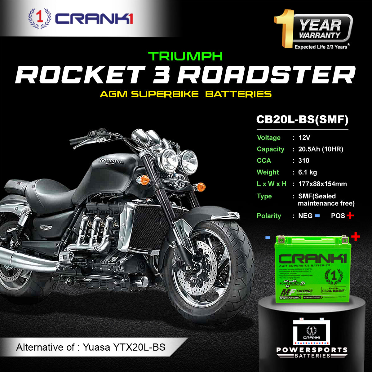 Battery For Triumph Rocket 3 Roadster (2012-2018) - CB20L-BS - Factory Activated