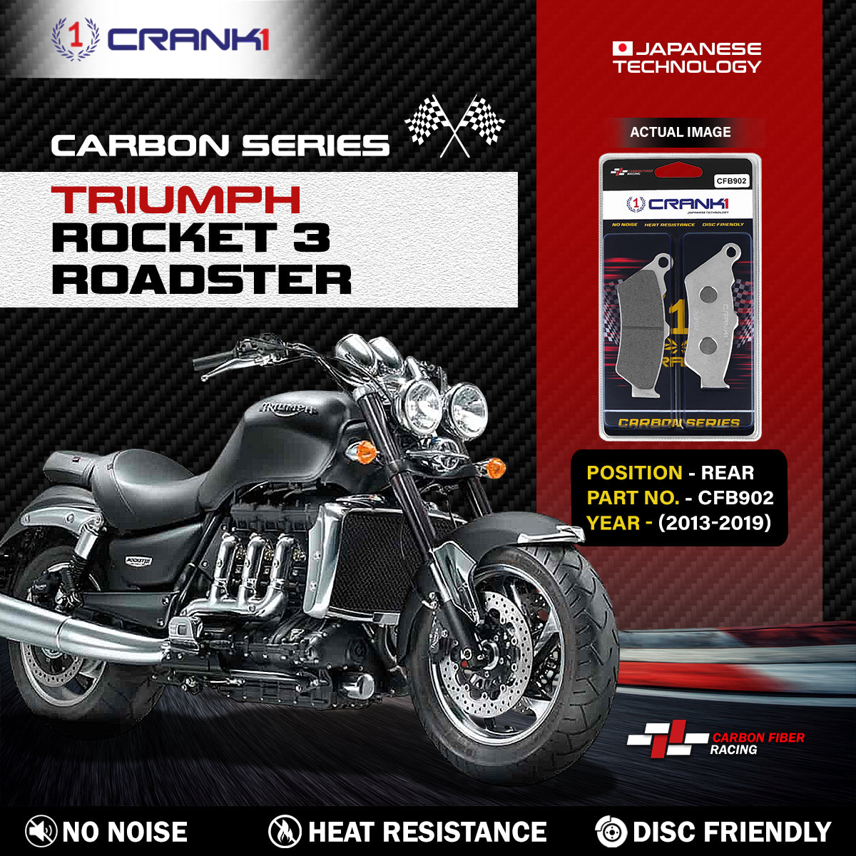 Carbon Brake Pads For Triumph  Rocket 3 Roadster (2013-2019) - Rear - CFB902 - 1 Set
