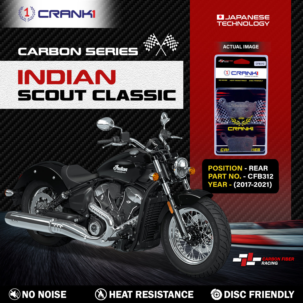 Carbon Brake Pads For Indian Scout (2017-2021) - Rear - CFB312