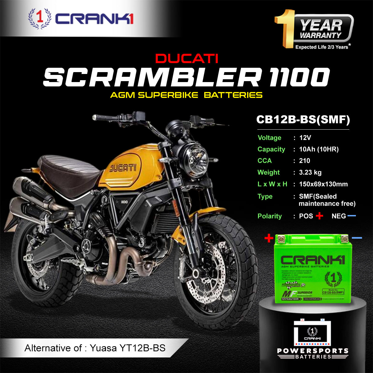 Battery For Ducati Scrambler 1100 (2015-2025) - CB12B-BS - Factory Activated