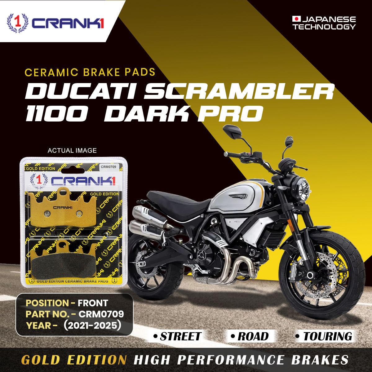 Ceramic Brake Pads For  Ducati Scrambler 1100 Dark Pro (2021-2025) - Front - CRM0709 - 2 Sets | Smooth Braking | Heat Resistant | Long Life | Disc Friendly