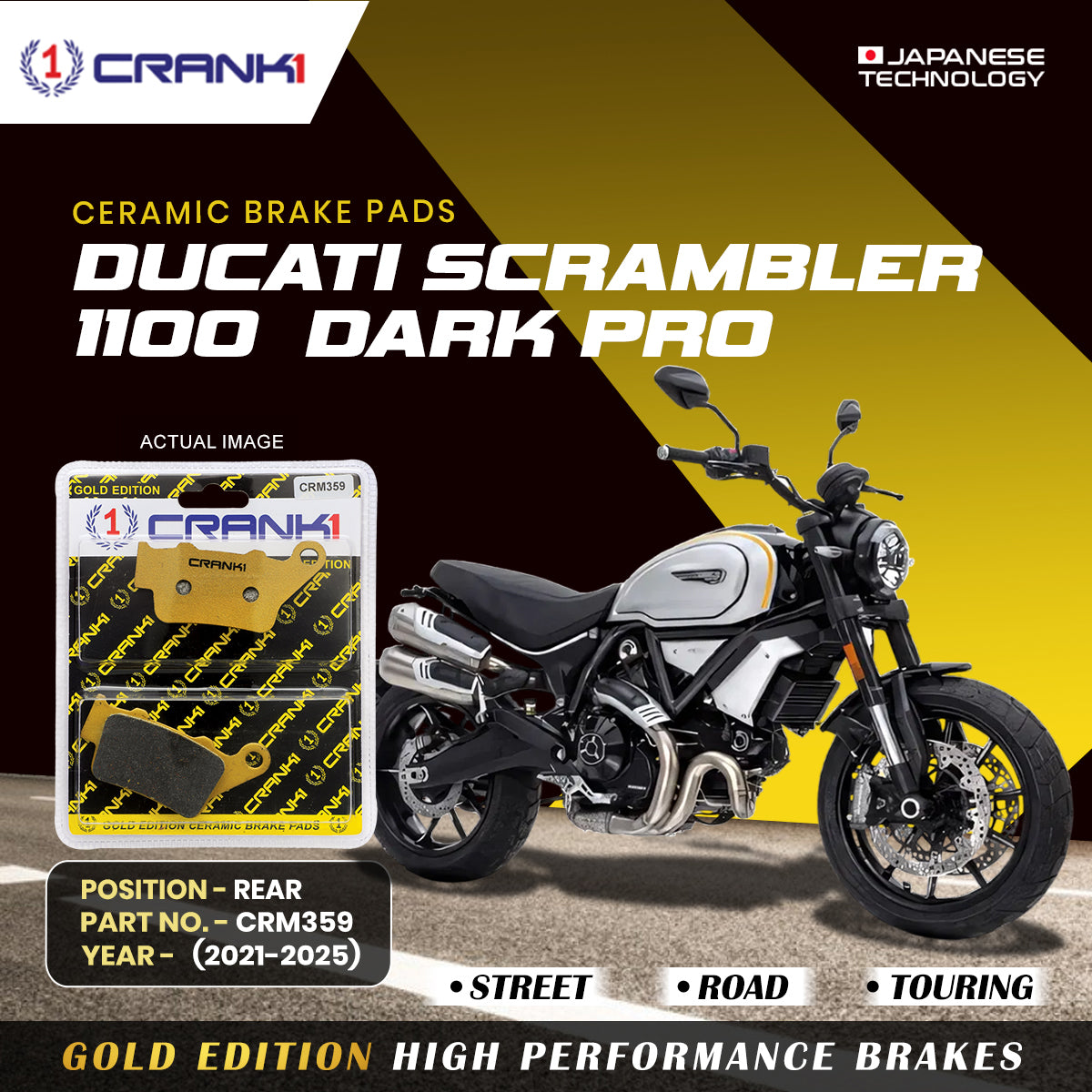 Ceramic Brake Pads For  Ducati Scrambler 1100 Dark Pro (2021-2025) - Rear - CRM359 - 1 Set | Smooth Braking | Heat Resistant | Long Life | Disc Friendly