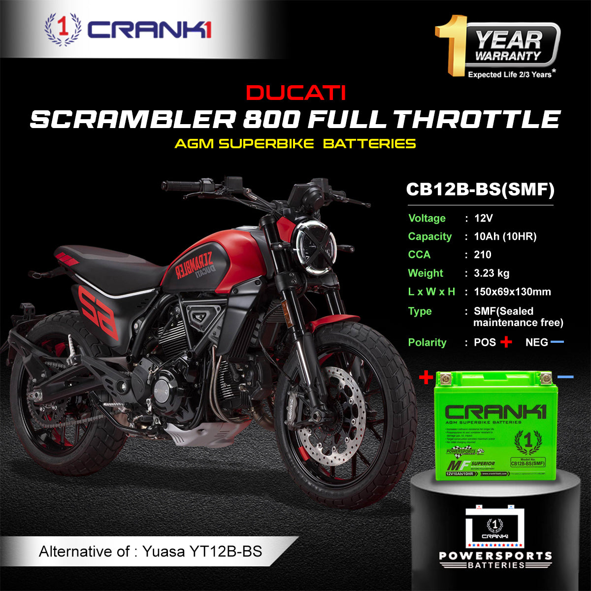 Battery For Ducati Scrambler 800 Full Throttle (2015-2025) - CB12B-BS - Factory Activated