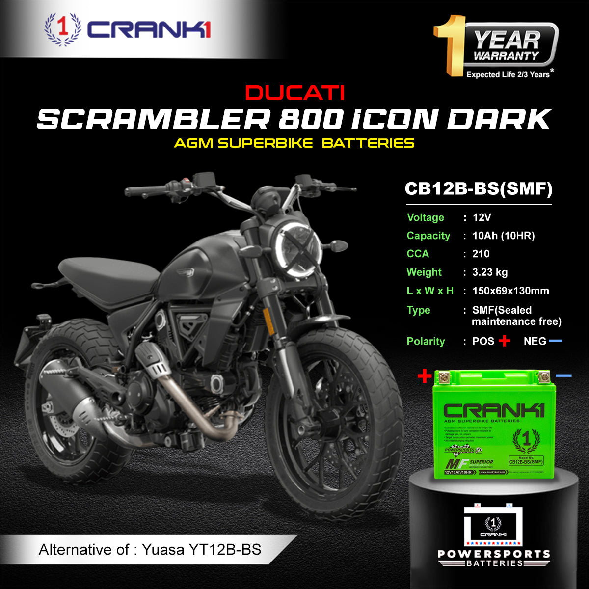 Battery For Ducati Scrambler 800 Icon Dark (2015-2025) - CB12B-BS - Factory Activated