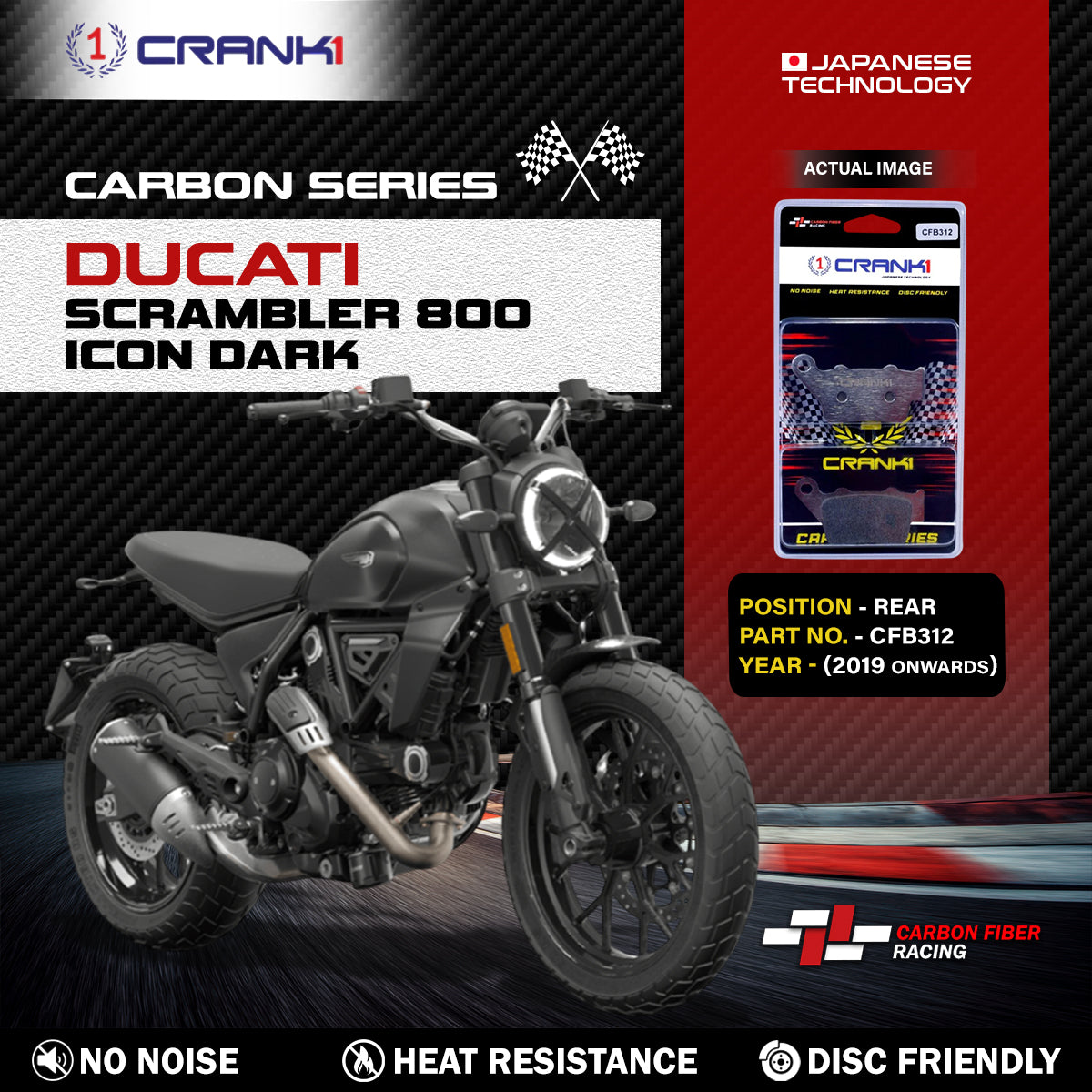 Carbon Brake Pads For Ducati Scrambler 800 Icon Dark (2019 Onwards) - Rear - CFB312