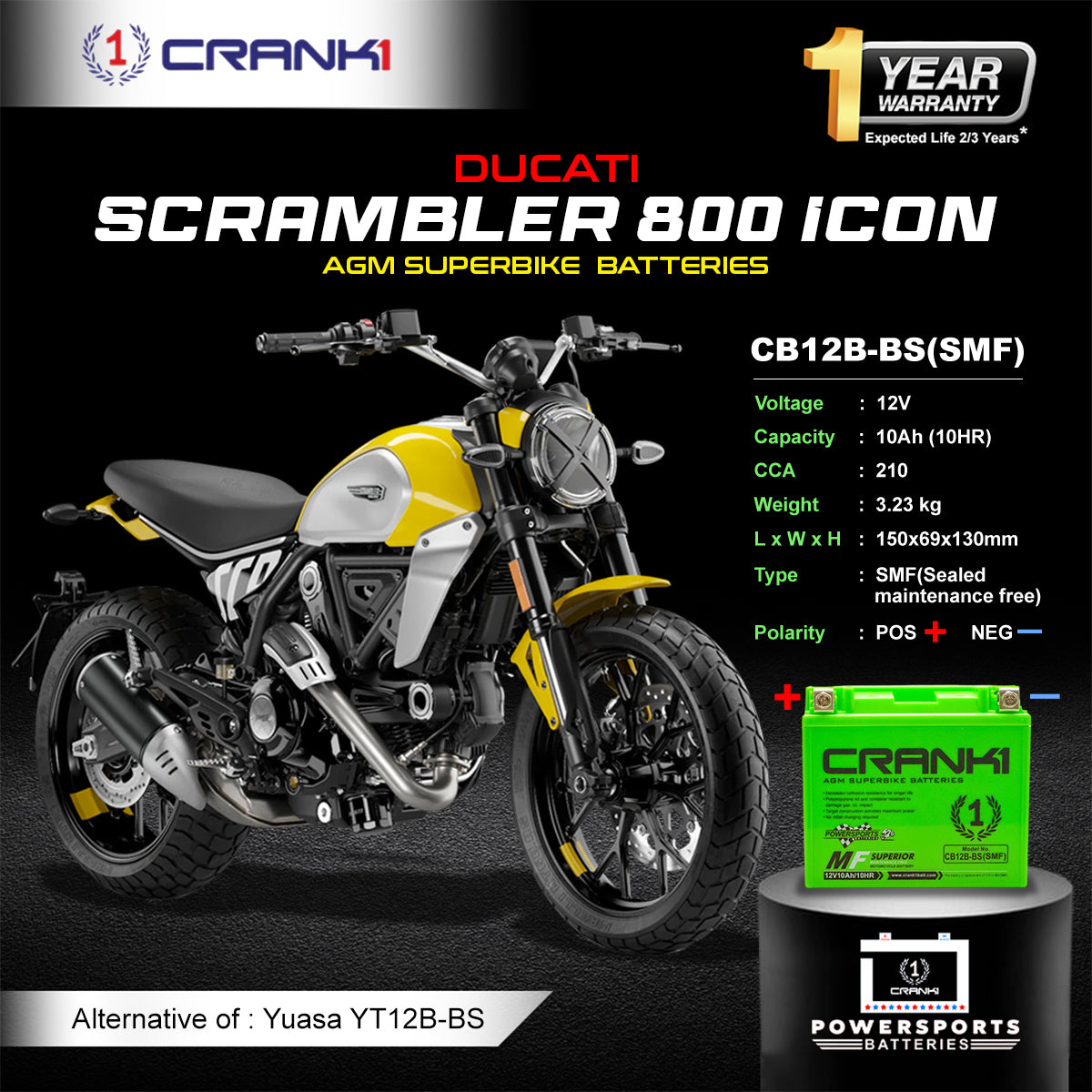 Battery For Ducati Scrambler 800 Icon (2015-2025) - CB12B-BS - Factory Activated