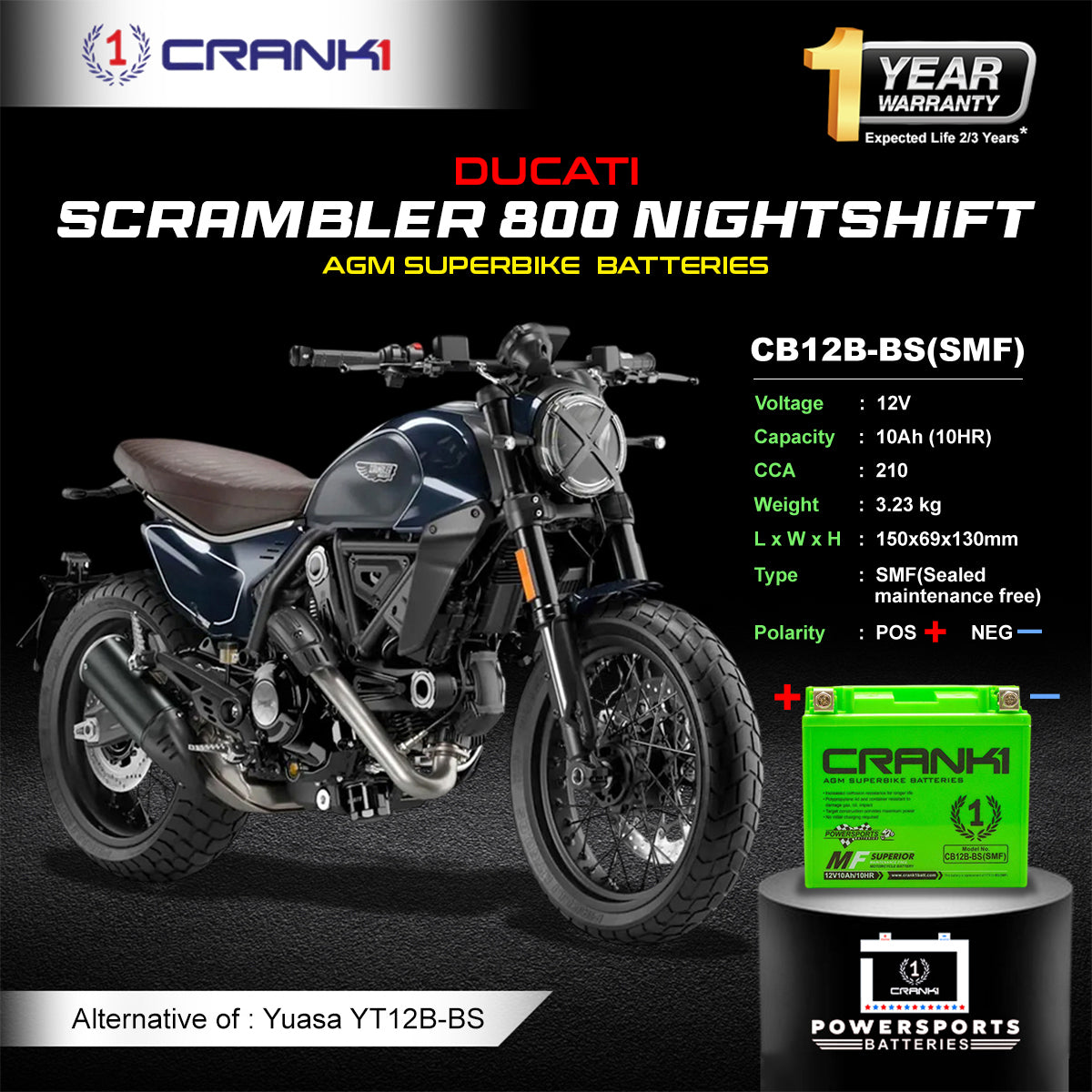 Battery For Ducati Scrambler 800 Nightshift (2015-2025) - CB12B-BS - Factory Activated
