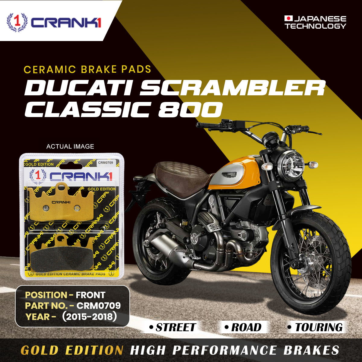 Ceramic Brake Pads For  Ducati Scrambler Classic 800	 (2015-2018) - Front - CRM0709 - 2 Sets | Smooth Braking | Heat Resistant | Long Life | Disc Friendly