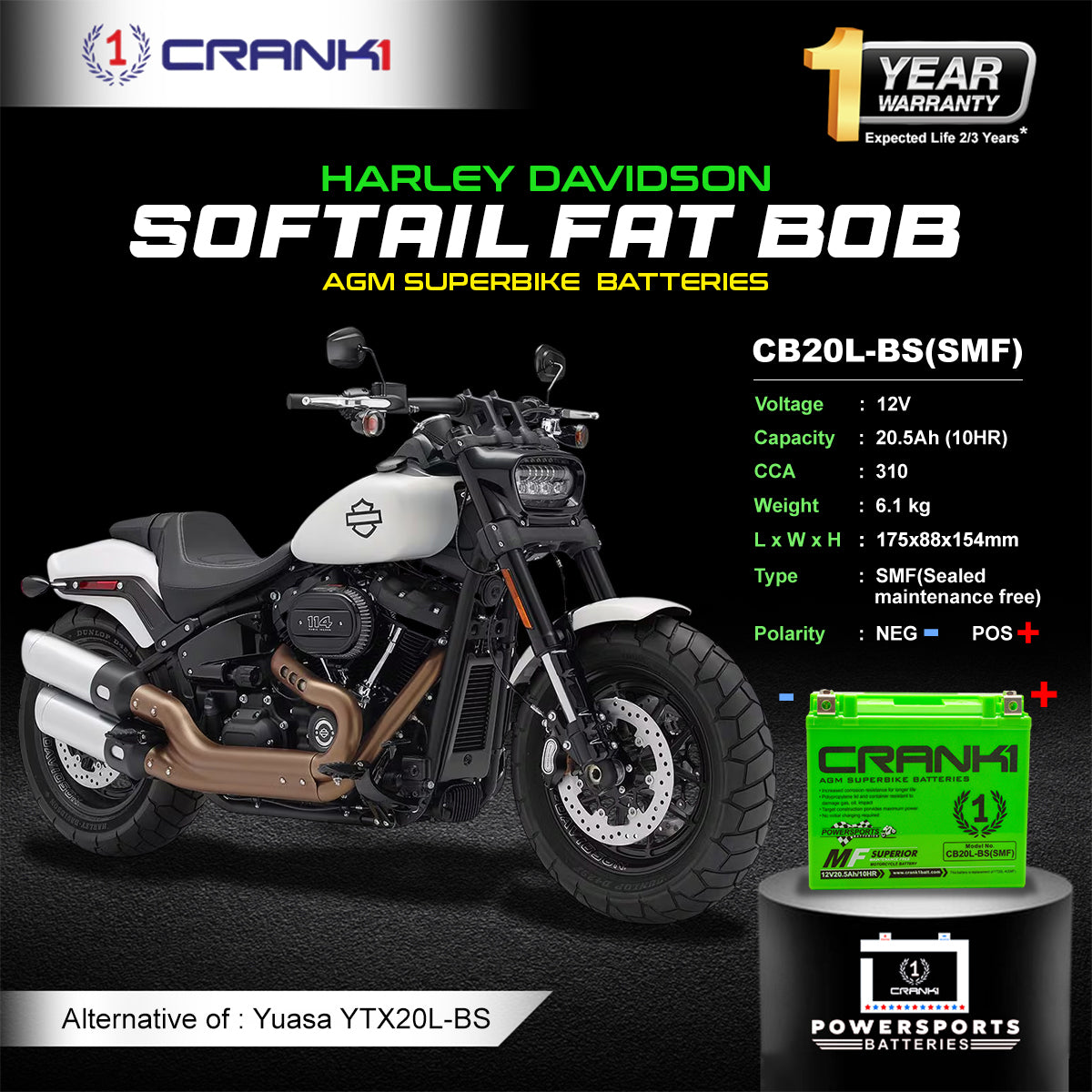 Battery For Harley Davidson Softail Fat Bob (2008-2025) - CB20L-BS - Factory Activated