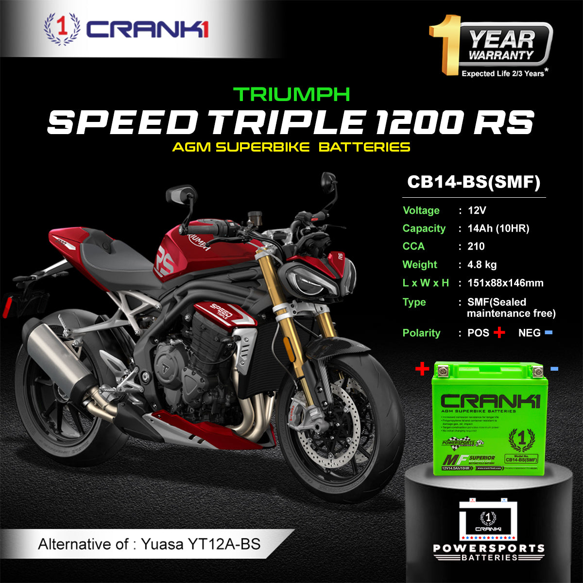Battery For Triumph Speed Triple 1200 RS (2011-2018) - CB14-BS - Factory Activated