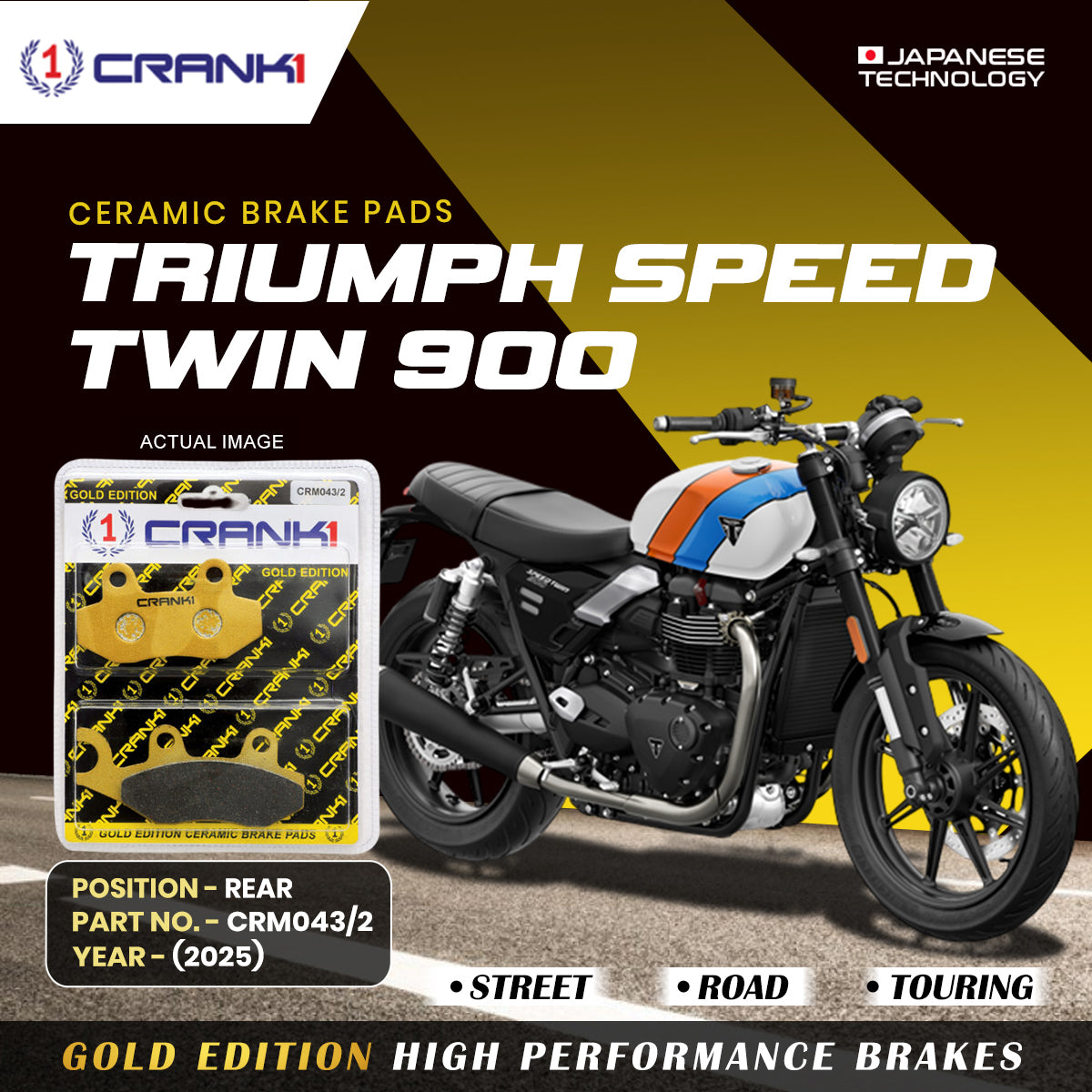 Ceramic Brake Pads For Triumph Speed Twin 900  (2025) - Rear - CRM043/2 - 1 Set | Smooth Braking | Heat Resistant | Long Life | Disc Friendly