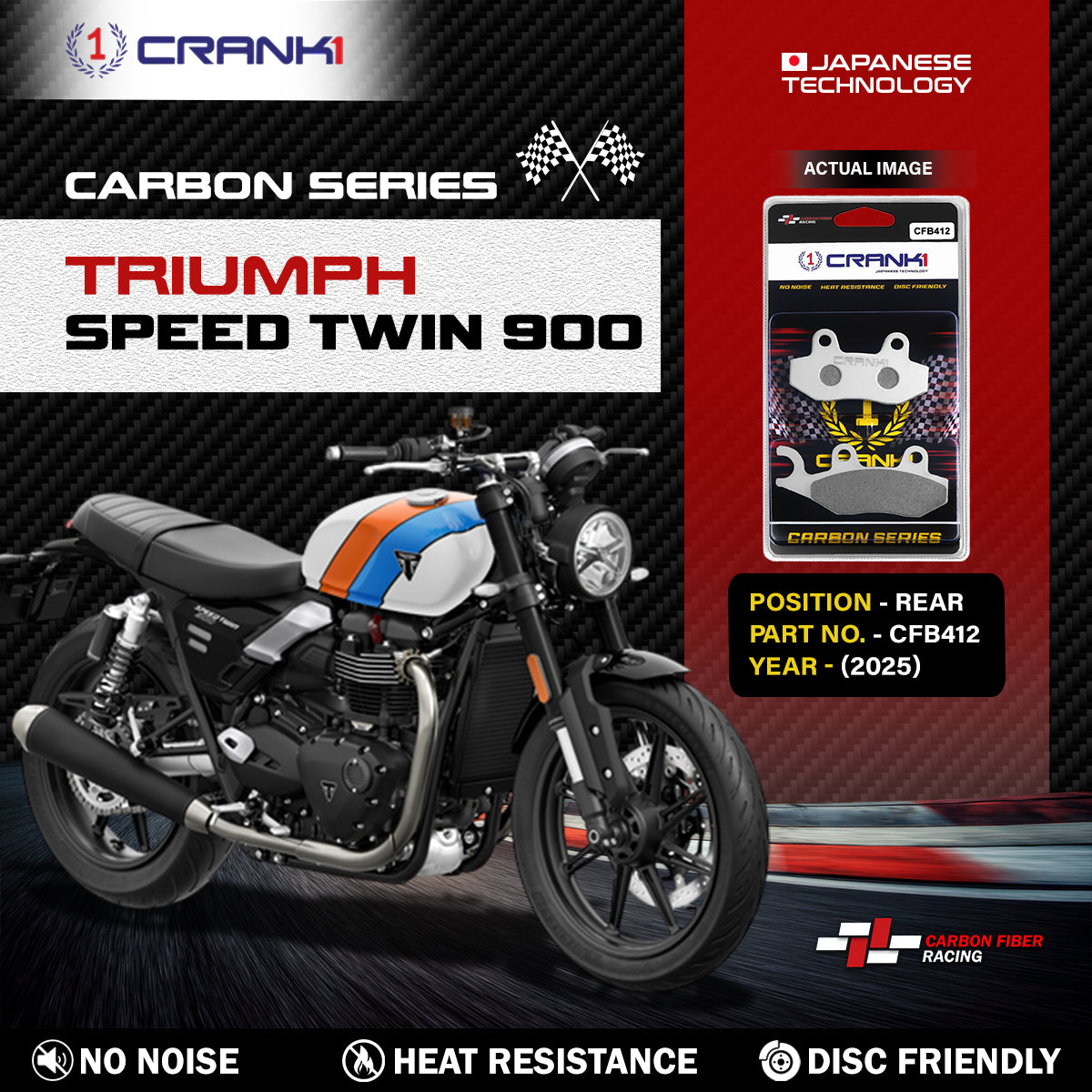 Carbon Brake Pads For Triumph Speed Twin 900 (2025) - Rear - CFB412 - 1 Set | No Noise | High Performance | Superior Stopping Power | Heat Resistant | Long Life
