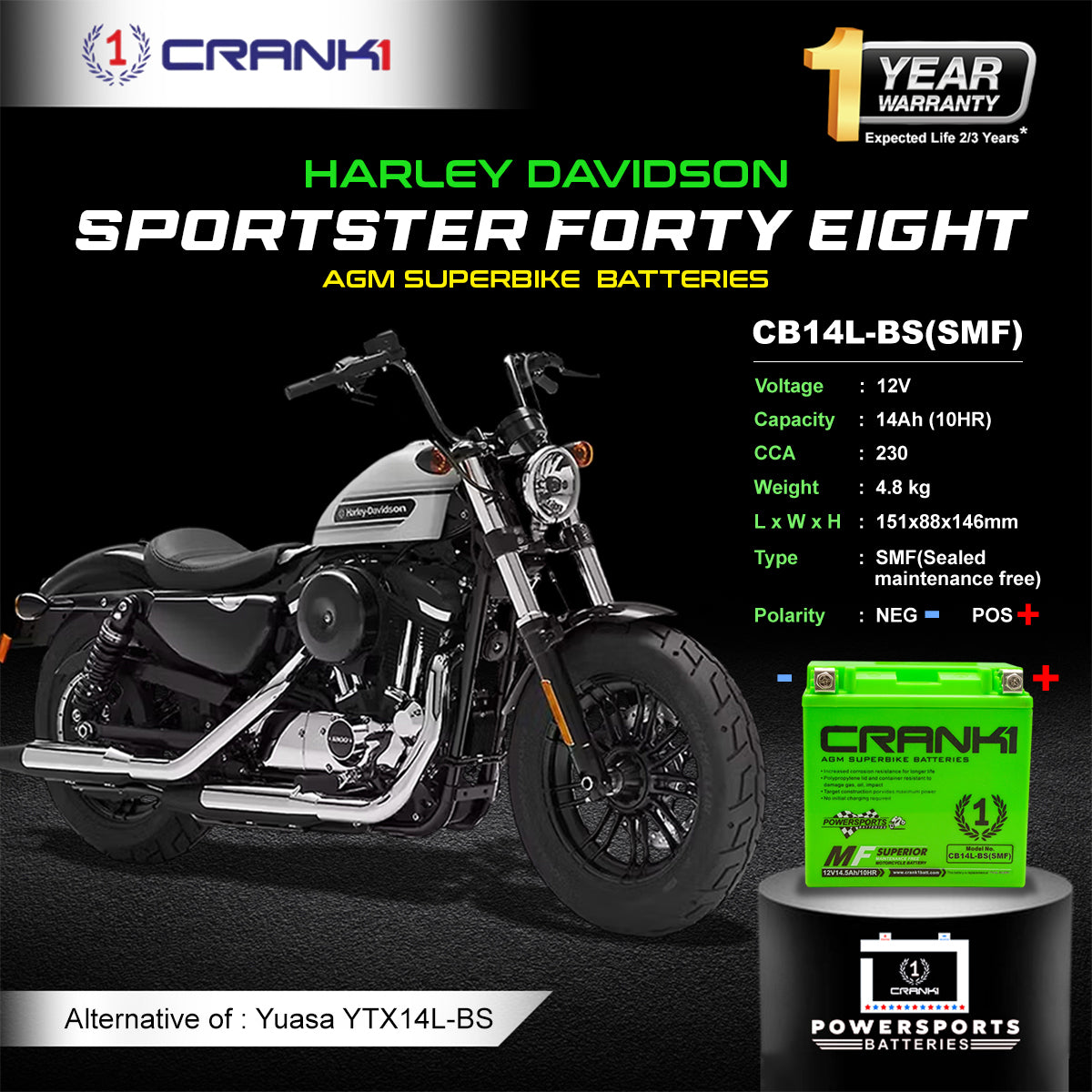 Battery For Harley Davidson Sportster Forty Eight (2012-2025) - CB14L-BS - Factory Activated