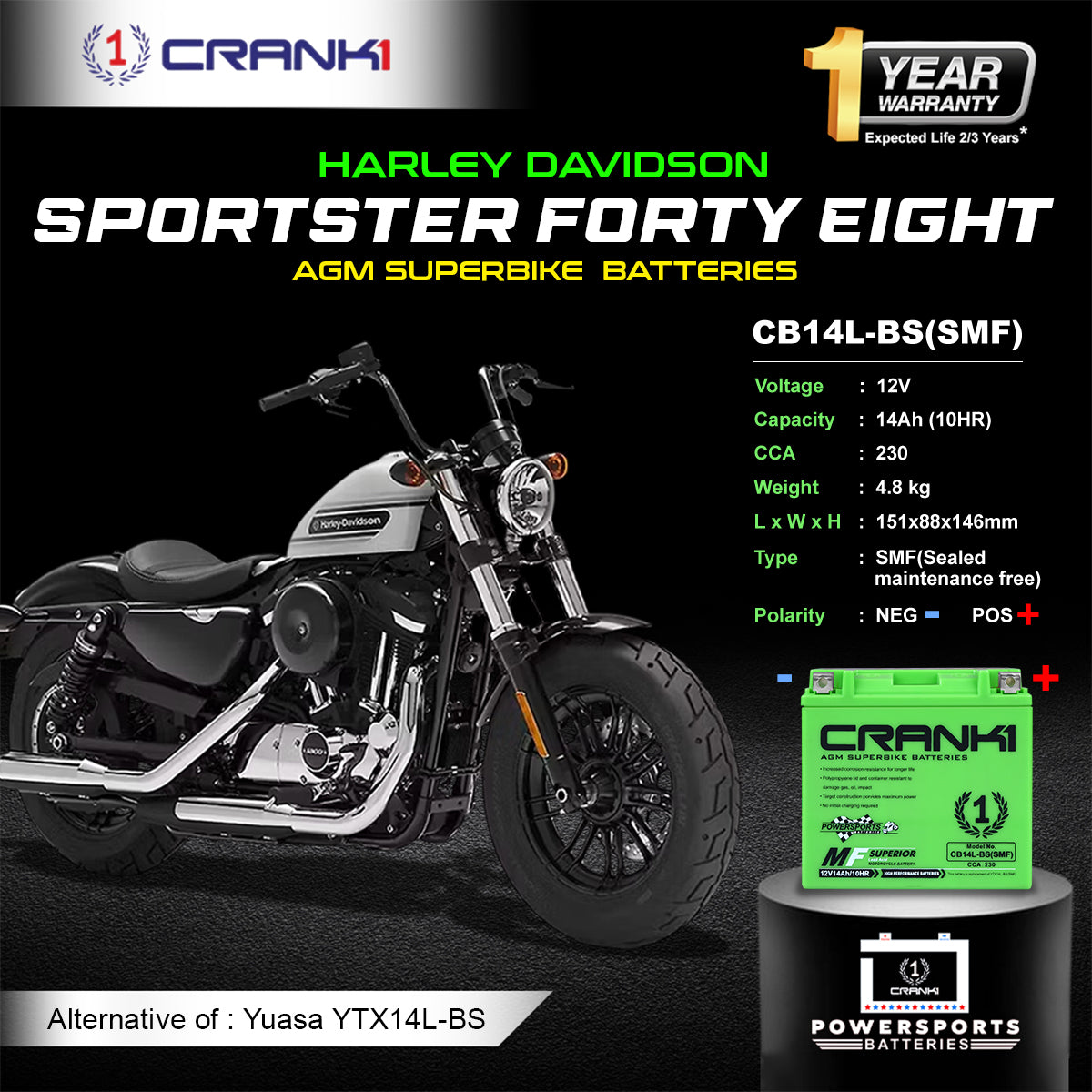 Battery For Harley Davidson Sportster Forty Eight (2012-2025) - CB14L-BS - Factory Activated