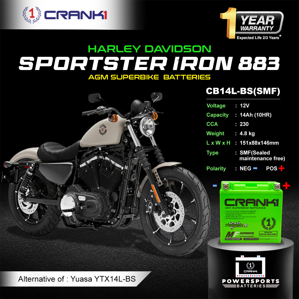 Battery For Harley Davidson Sportster Iron 883 (2012-2025) - CB14L-BS - Factory Activated