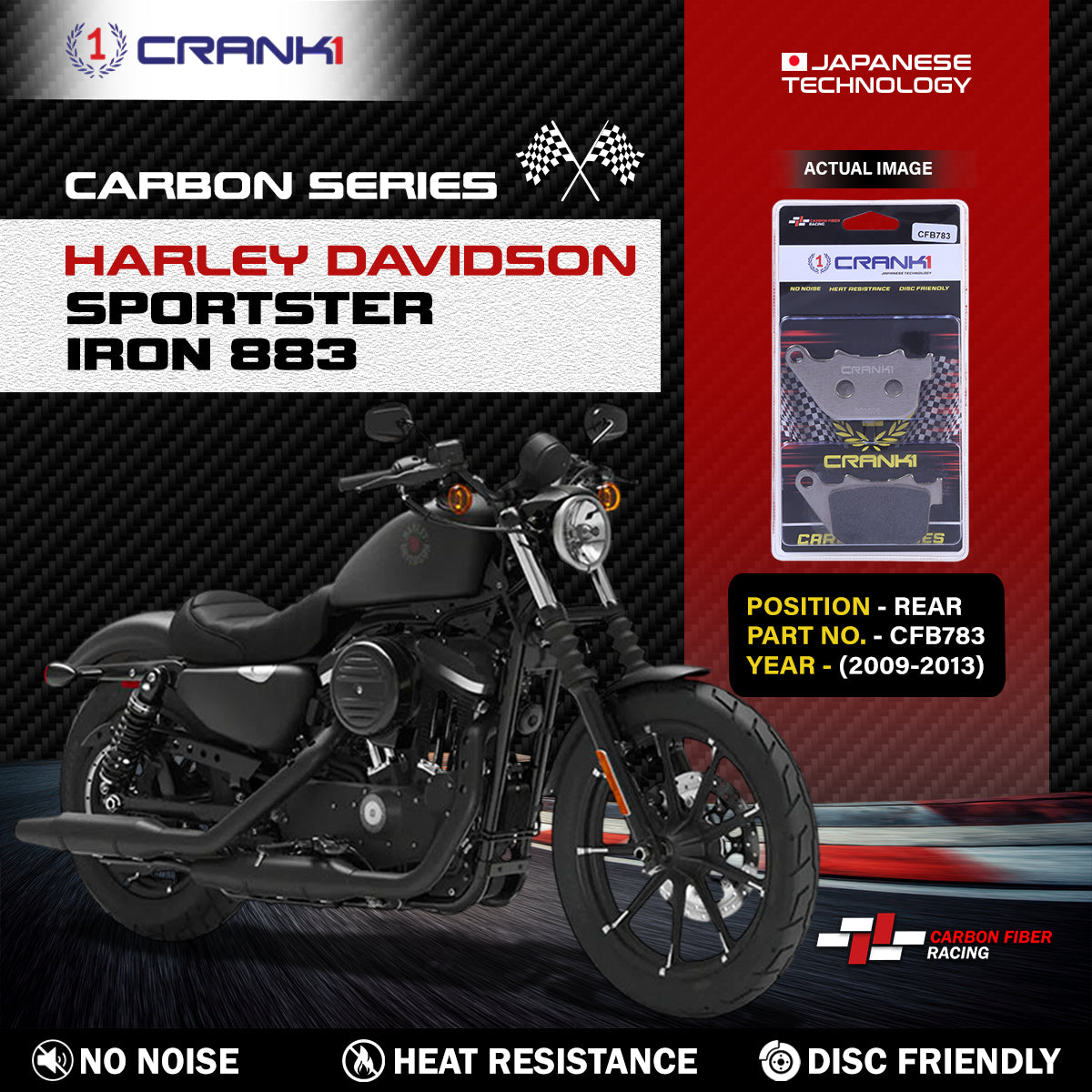 Carbon Brake Pads For Harley Davidson Sportster Iron 883 (2009-2013) - Rear - CFB783