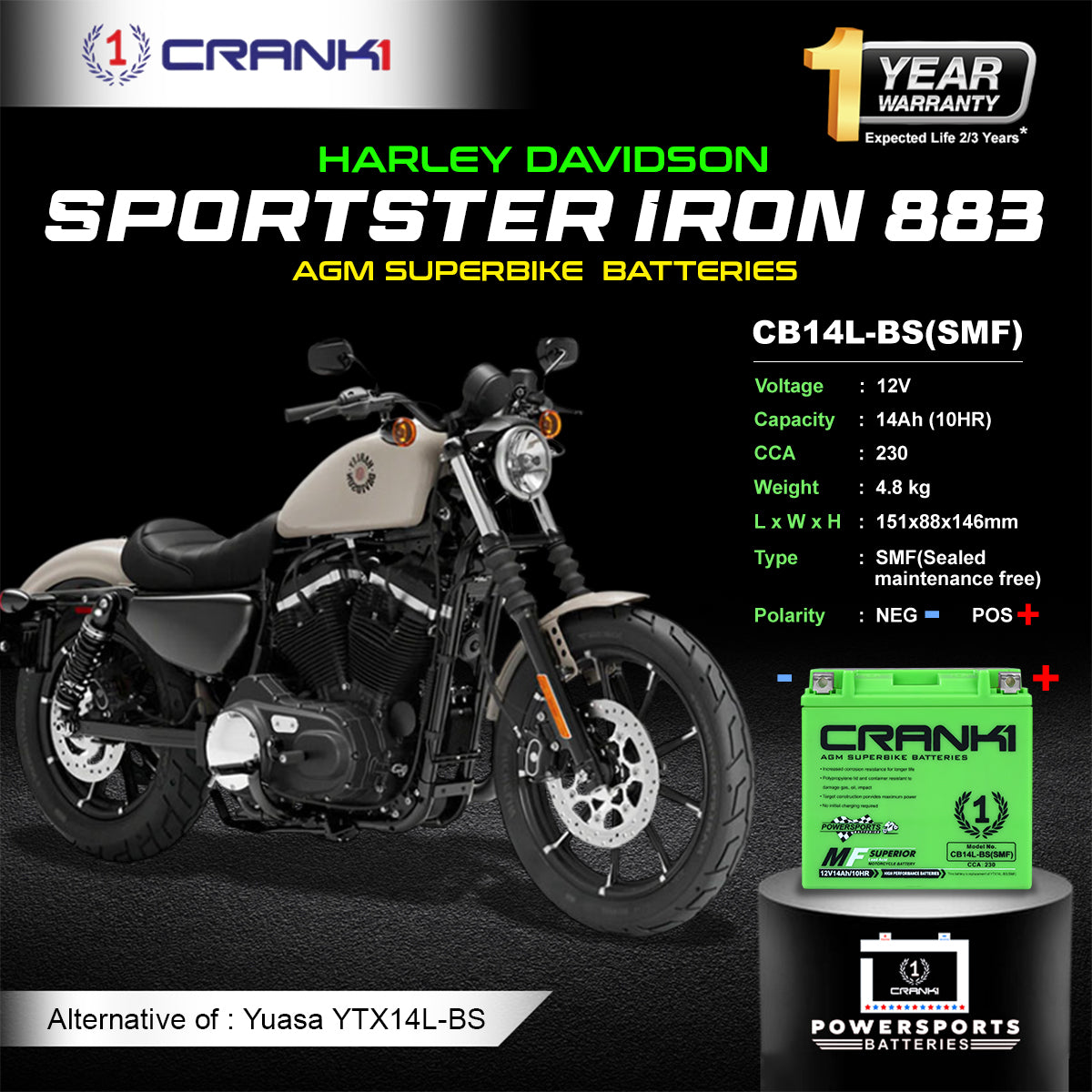 Battery For Harley Davidson Sportster Iron 883 (2012-2025) - CB14L-BS - Factory Activated