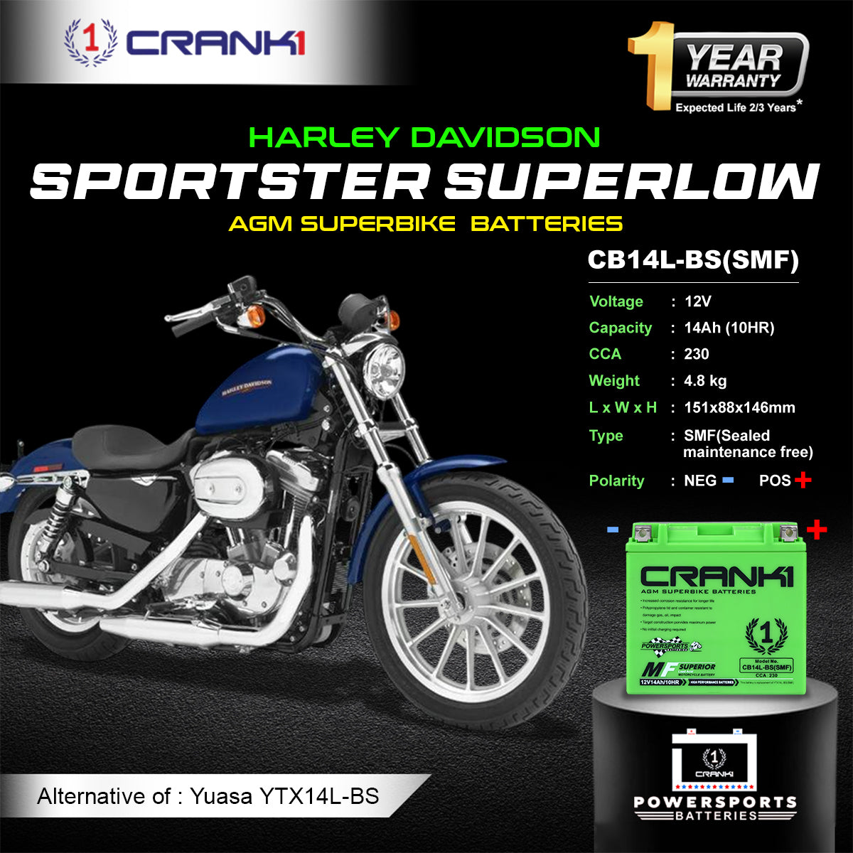 Battery For Harley Davidson Sportster SuperLow (2010-2025) - CB14L-BS - Factory Activated