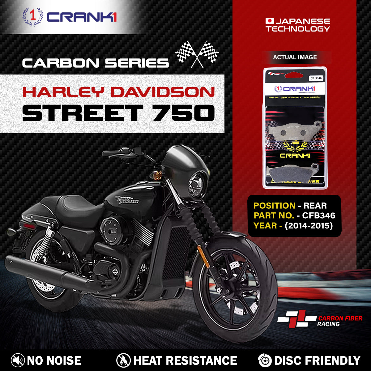 Carbon Brake Pads For Harley Davidson Street 750 (2014-2015) - Rear - CFB346