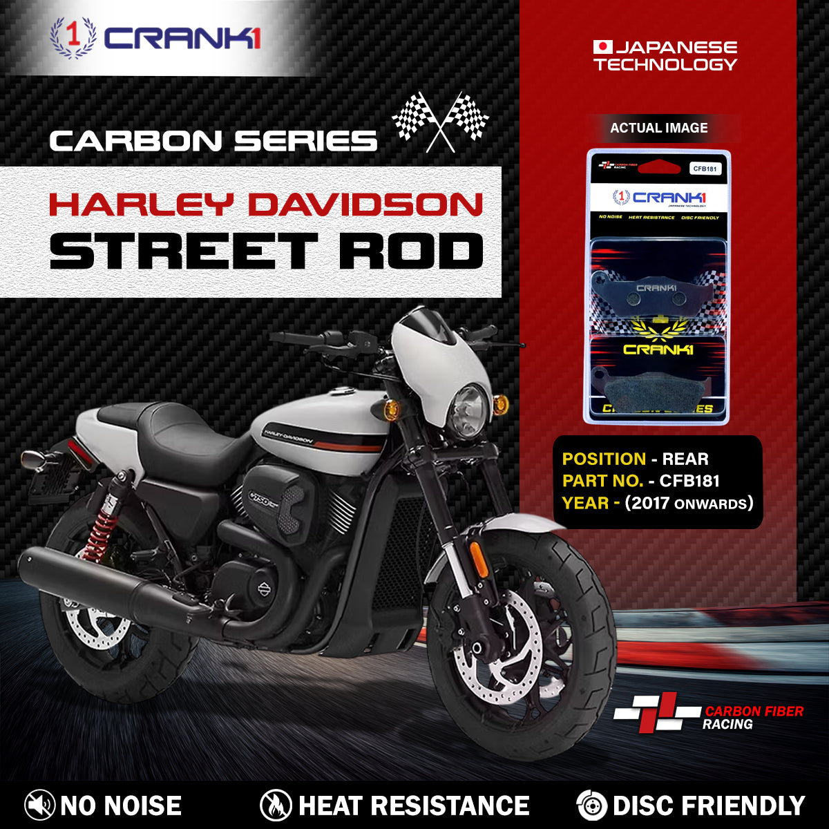 Carbon Brake Pads For Harley Davidson Street Rod (2017 Onwards) - Rear - CFB181