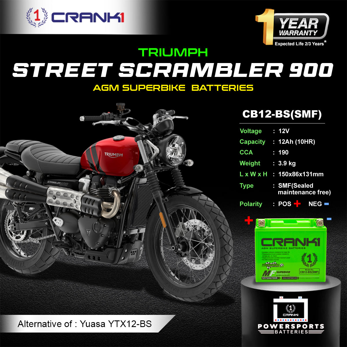 Battery For Triumph Street Scrambler 900 (2018) - CB12-BS - Factory Activated