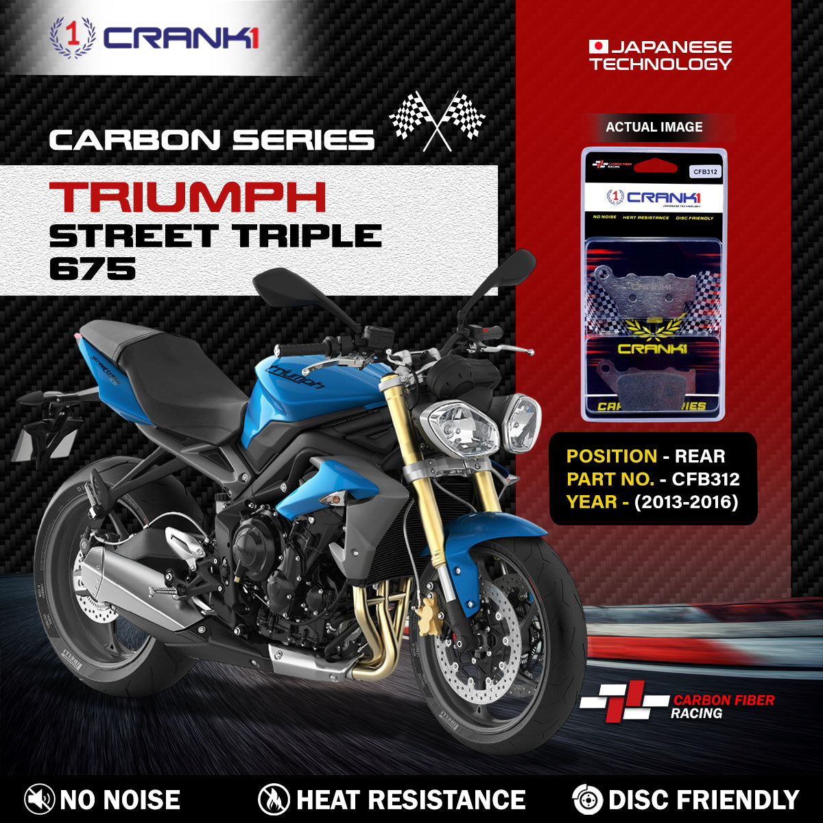 Carbon Brake Pads For Triumph Street Triple 675 (2013-2016) - Rear - CFB312