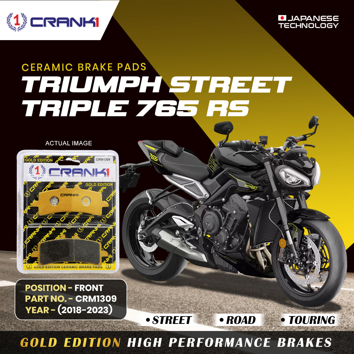 Ceramic Brake Pads For  Triumph Street Triple 765 RS (2018-2023) - Front - CRM1309 - 2 Sets | Smooth Braking | Heat Resistant | Long Life | Disc Friendly