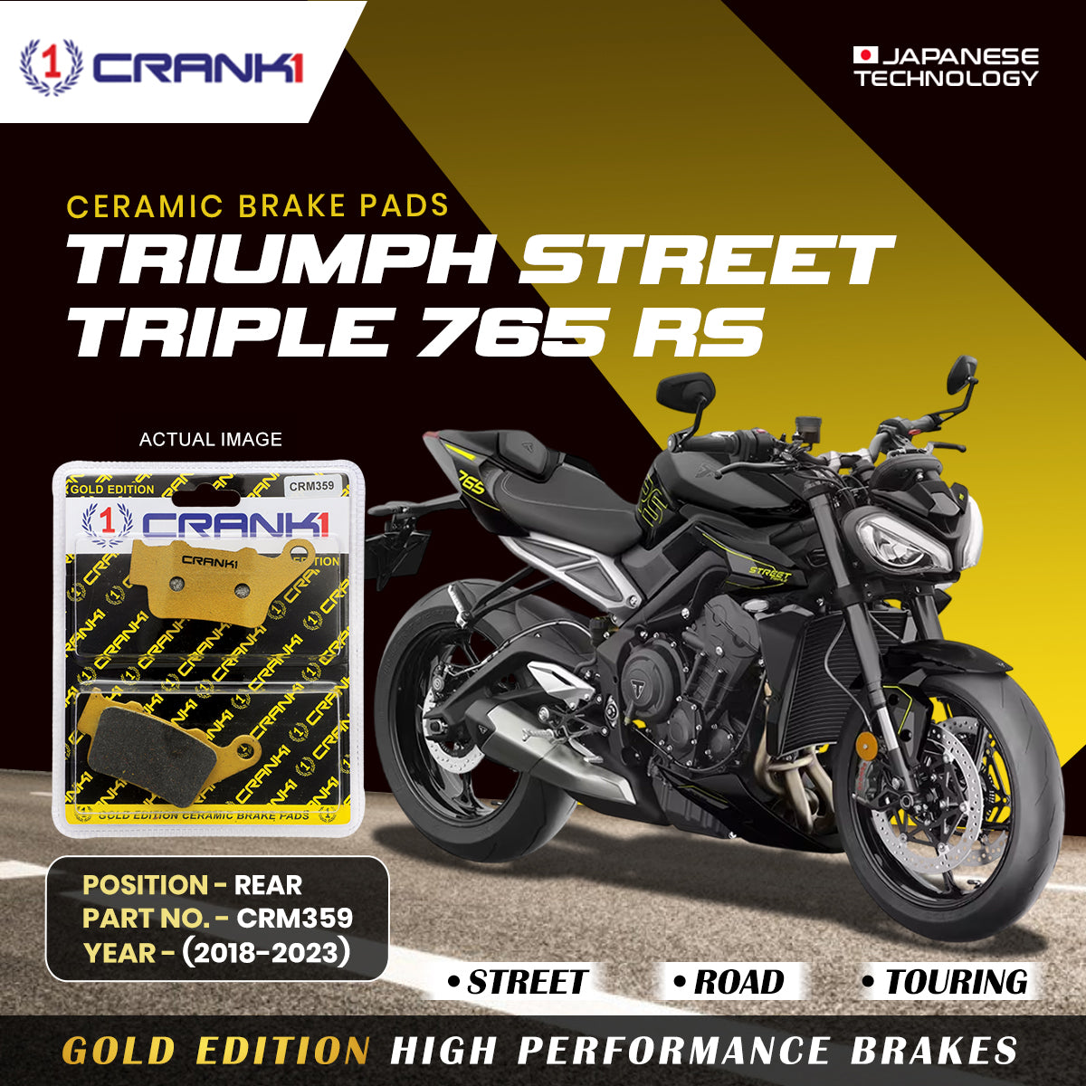 Ceramic Brake Pads For  Triumph Street Triple 765 RS  (2018-2023) - Rear - CRM359 - 1 Set | Smooth Braking | Heat Resistant | Long Life | Disc Friendly