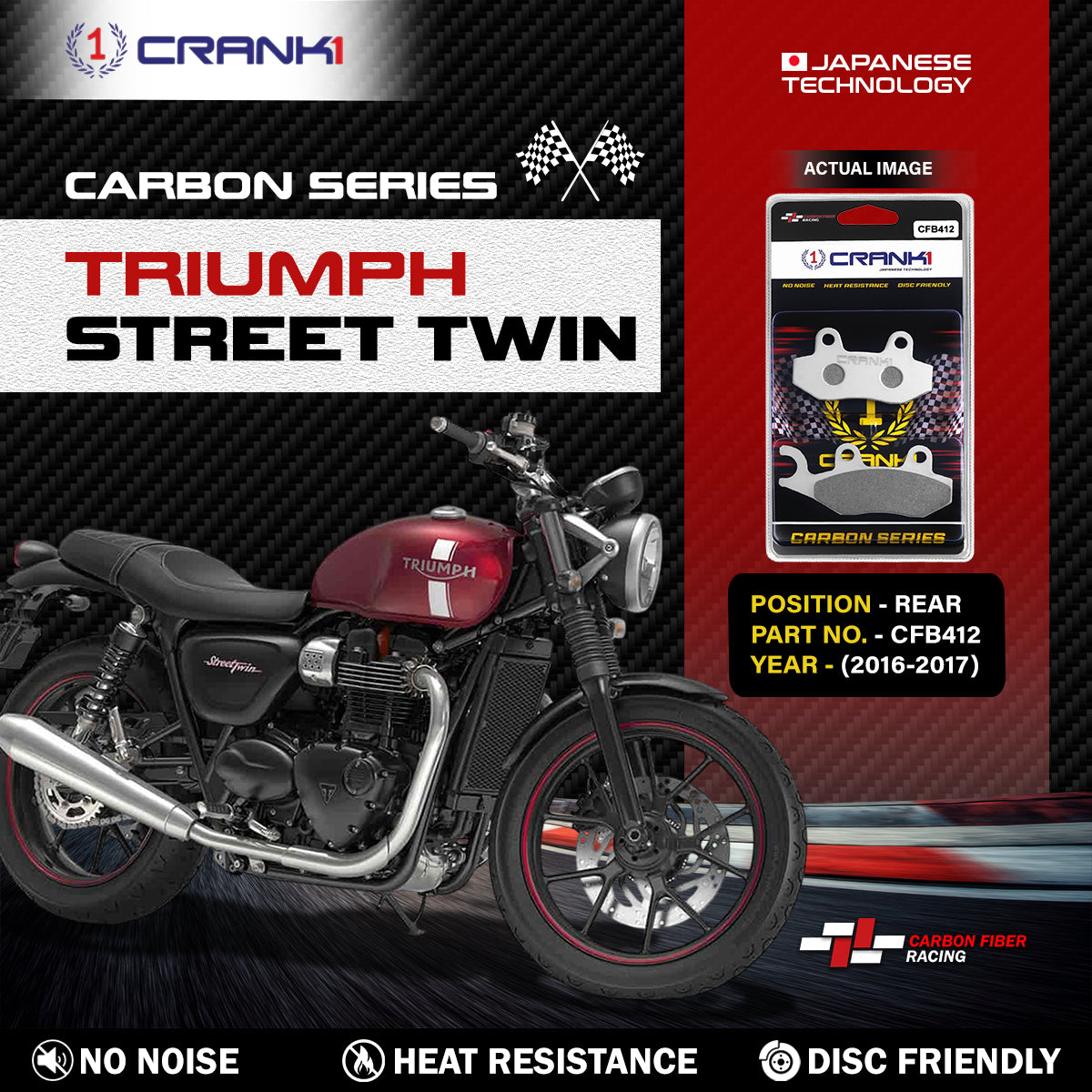 Carbon Brake Pads For Triumph Street Twin (2016-2017) - Rear - CFB412 - 1 Set