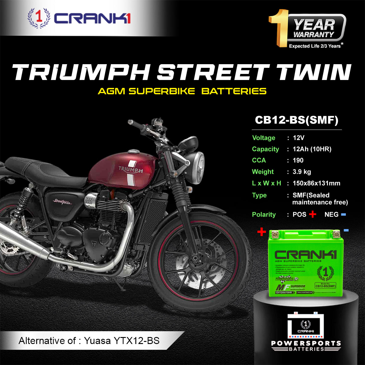 Battery For Triumph Street Twin (2016-2025) - CB12-BS - Factory Activated